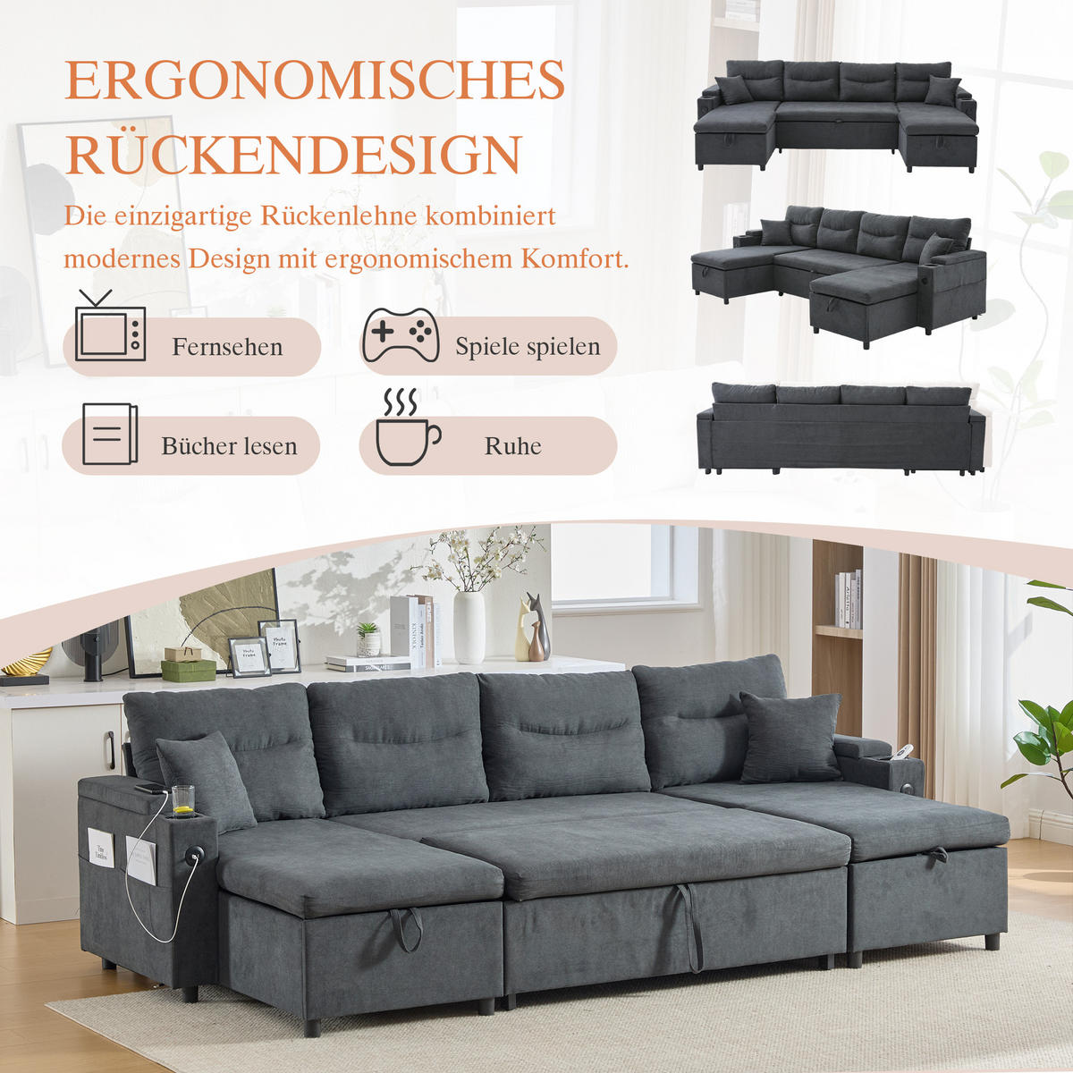 SCHLAFSOFA 4-Sitzer mit Chaiselongues, USB und Stauraum, Dunkelgrau - Dunkelgrau, Textil (272/86/136cm)