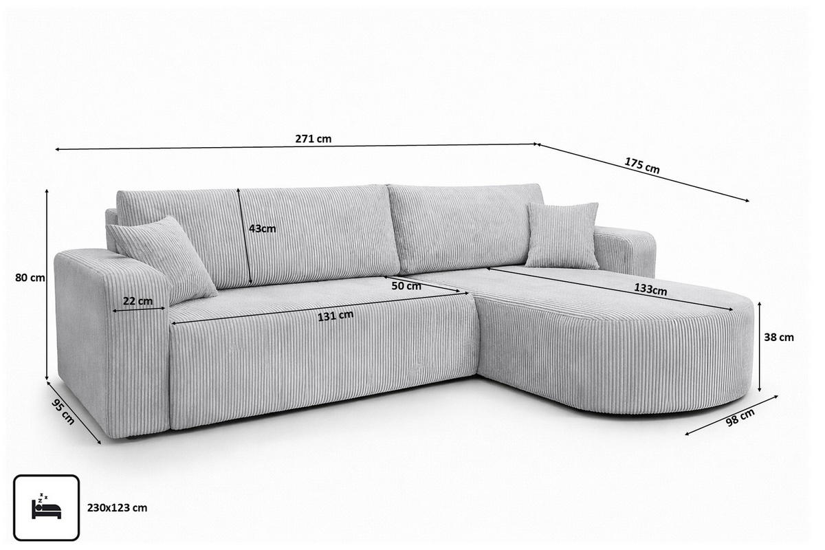 ECKSOFA Mit Schlaffunktion, Cordstoff Poso, Hellgrau, Rechts, ROUND ONE XL - Hellgrau, Holz (271/175cm) - Kaiser Möbel