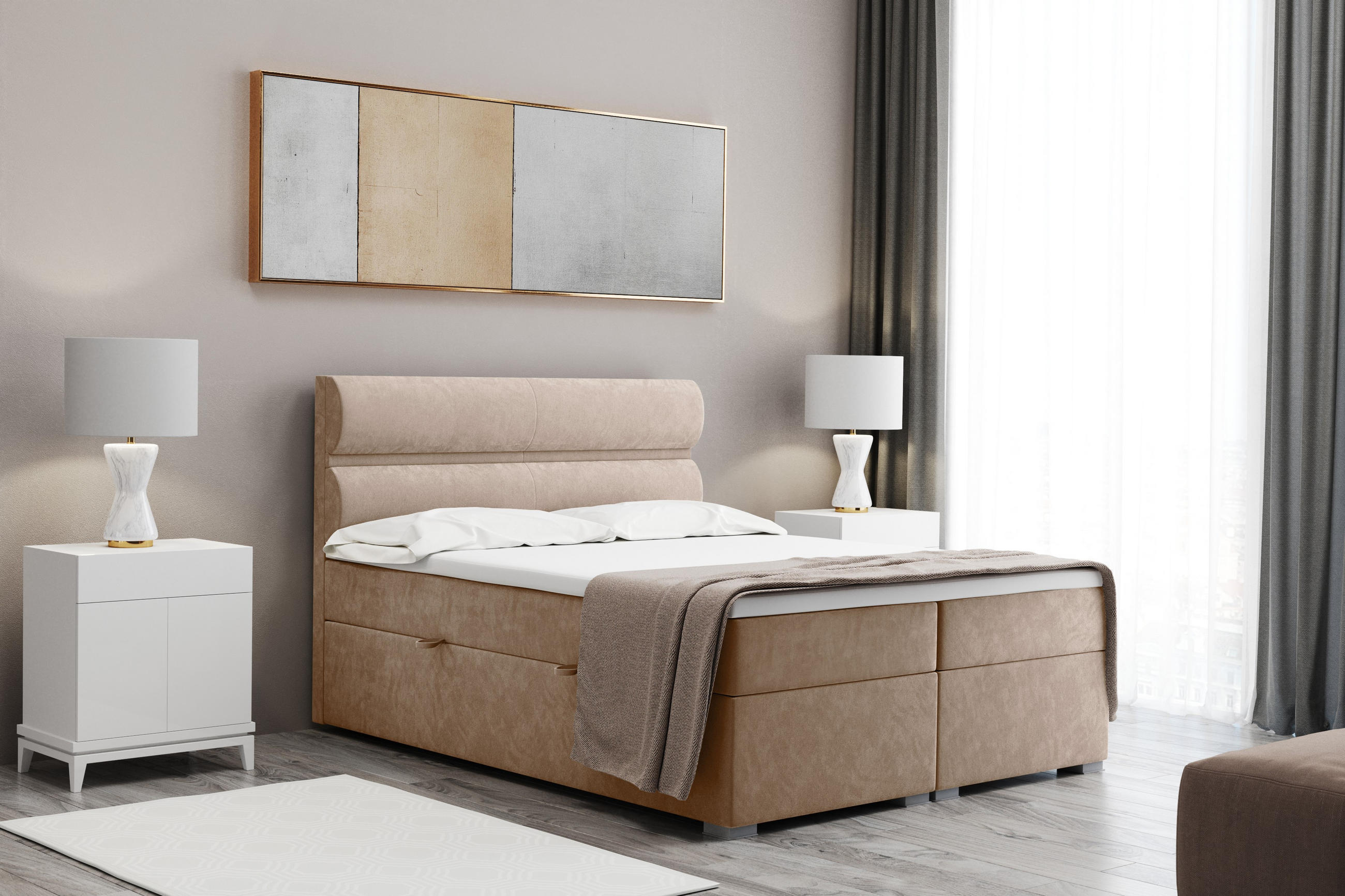 BOXBETT Mit Bettkasten, Matratze Und Topper VERA Stoff Riviera 120x200 cm Biscut H2-Pocket - Champagner, Holz/Holzwerkstoff (120/200cm) - Kaiser Möbel