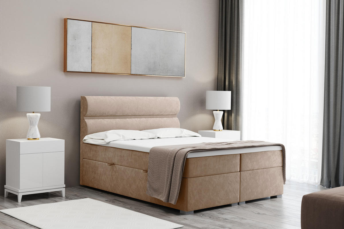 BOXBETT Mit Bettkasten, Matratze Und Topper VERA Stoff Riviera 120x200 cm Biscut H3-Bonell - Champagner, Holz/Textil (120/200cm) - Kaiser Möbel