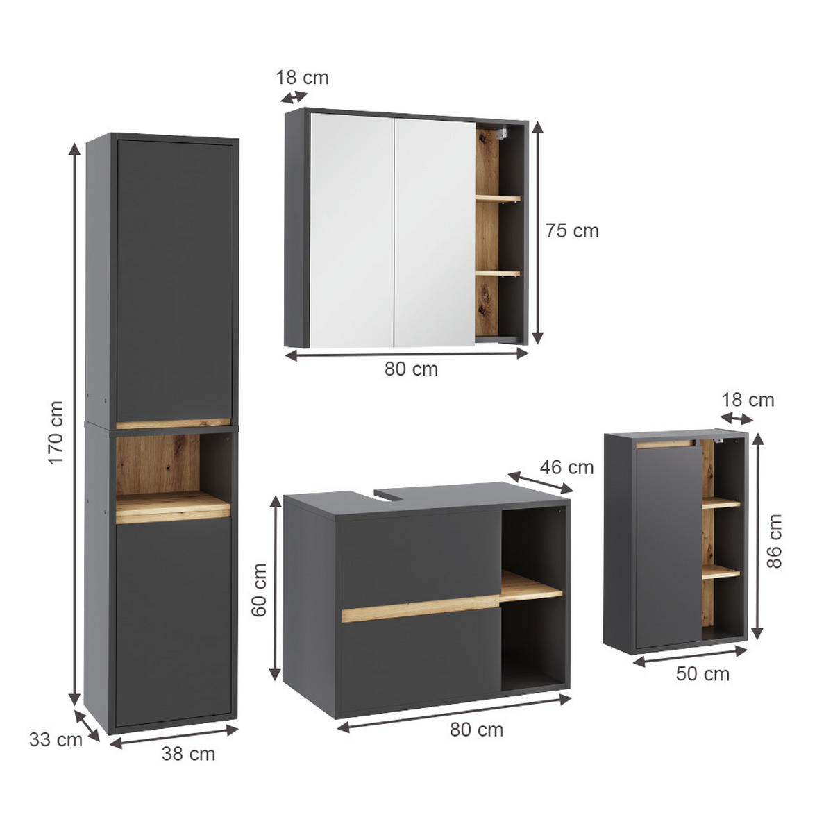 KOUPELNOVÁ SESTAVA NÁBYTKU Viola Grey/Artisan - šedá/dub artisan, kompozitní dřevo (80/60/46cm) - Vicco