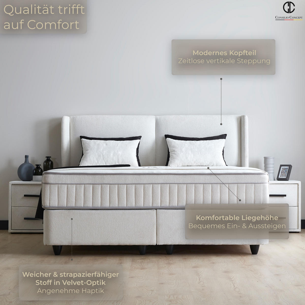 BOXSPRINGBETT MIT BETTKASTEN PISA 90/200 cm, Greige, Bettkasten, Matratze, Topper integriert, H3 mittel - Greige/Schwarz, Holz/Kunststoff (90/200cm) - Consilio Concept