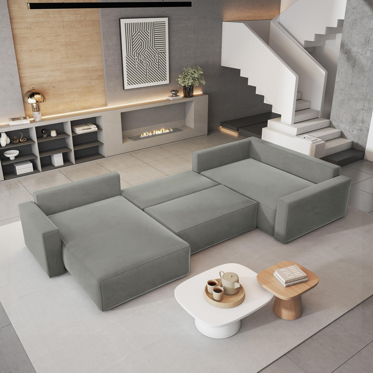 WOHNLANDSCHAFT VELAMI R-S Hellgrau Velours-Stoff mit Schlaffunktion - Hellgrau, Holz (365/83/194cm) - MASSENO