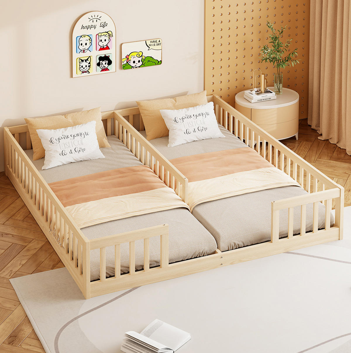 KINDERBETT 90/200 cm mit Sicherheitsgitter, Lattenrost und Doppelliege aus Kiefernholz, Natur - Naturfarben, Holz (90/200cm) - Redom