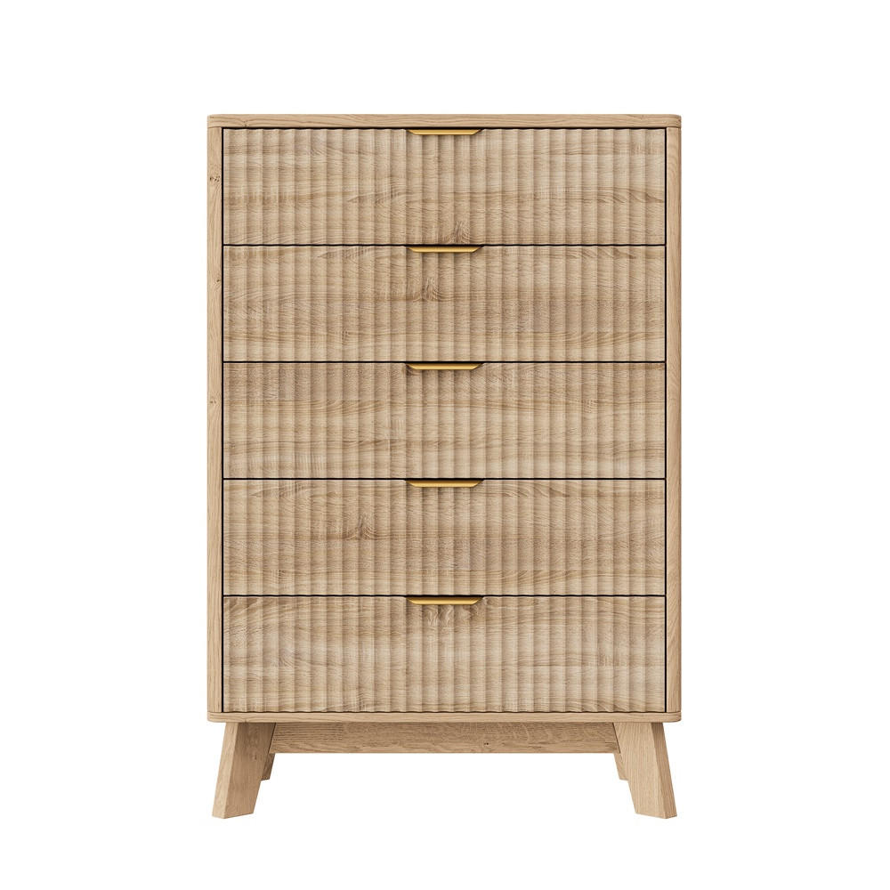 KOMMODE mit 5 Schubladen - geriffelte Fronten und goldene Metallgriffe - Eiche-Optik - Eichefarben, Holzwerkstoff (73/108/40cm) - DELFA