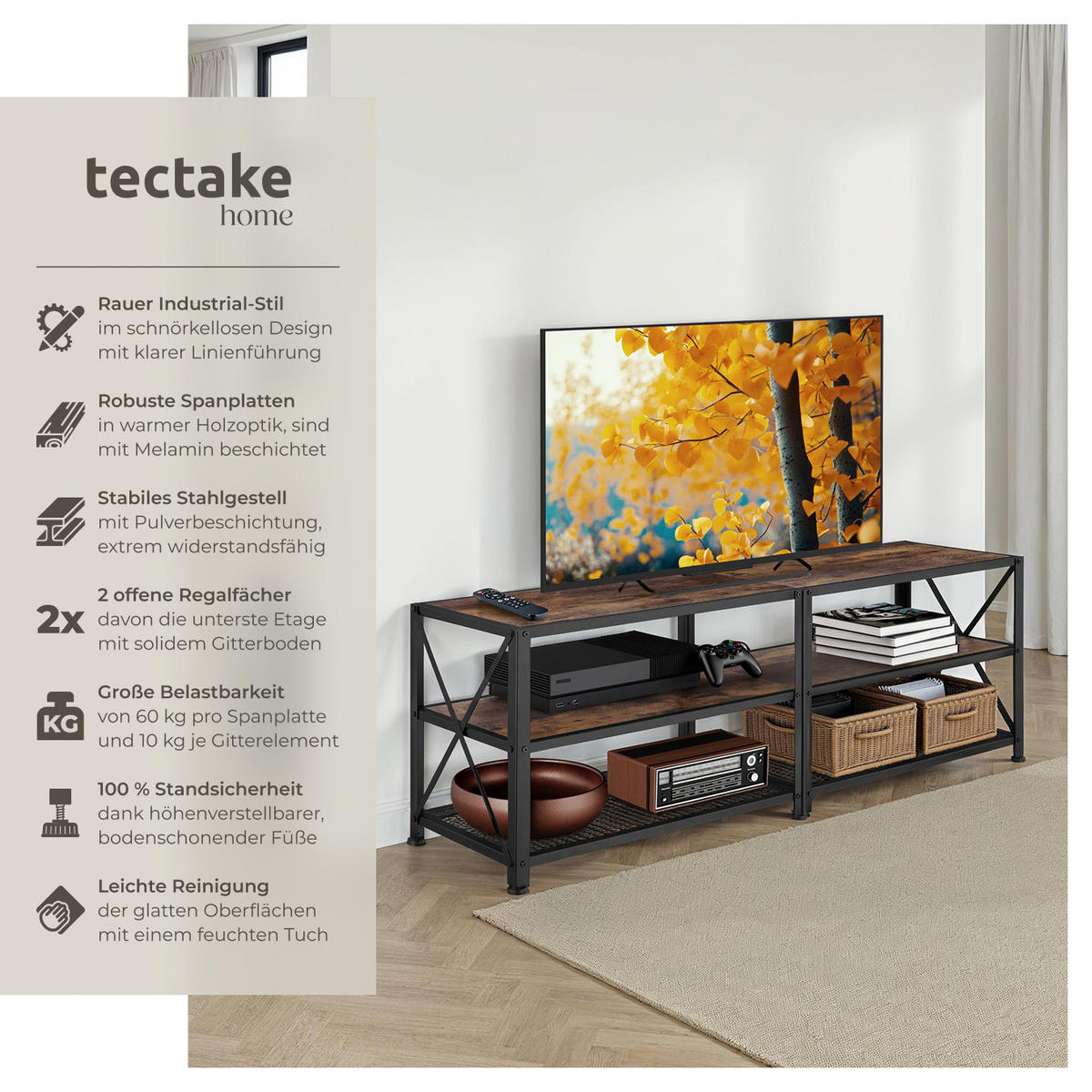TV-REGAL Chicago,141 x 41,5 x 50,5 cm,Industrial Holz dunkel, rustikal - Rostfarben, Holzwerkstoff (41.5/50.5/141cm) - tectake