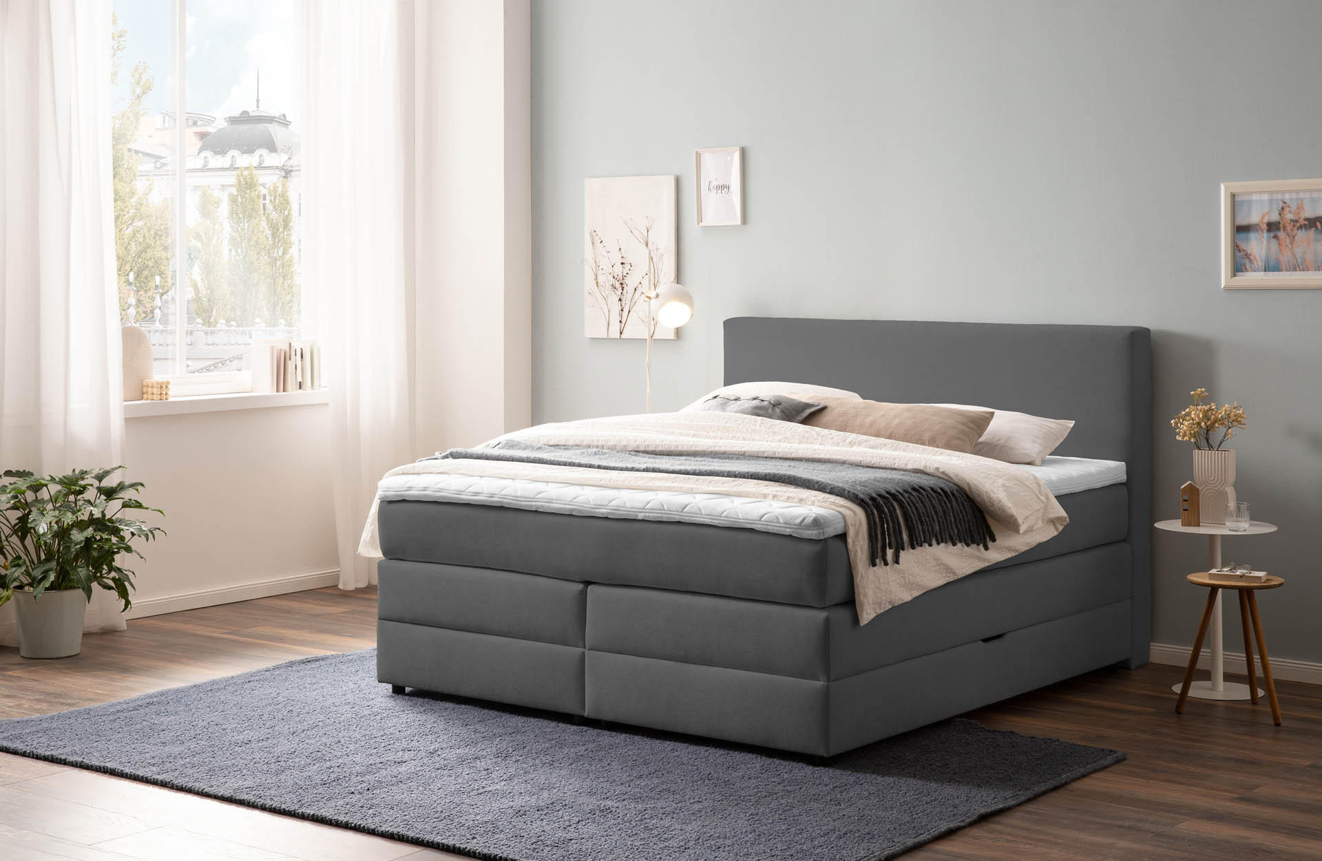 BOXSPRINGBETT LOFT 160x200 Anthrazit H2 und H3 mit Bettkasten 7-Zonen Taschenfederkern Matratze inkl. Visco Topper - Anthrazit, Textil (160/200cm) - Belanoti