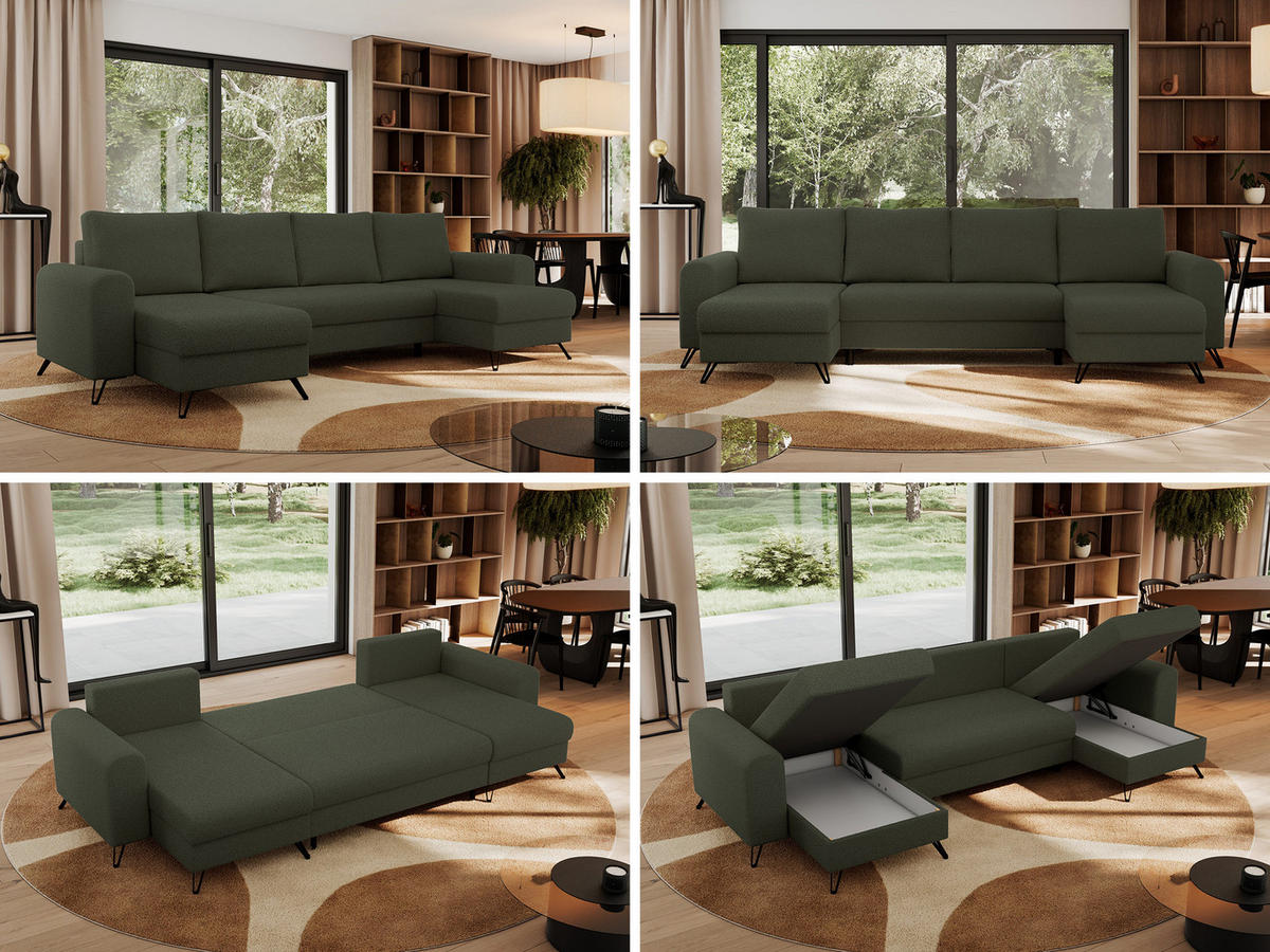 WOHNLANDSCHAFT AXEL U Boucle Grün - Schwarz/Grün, Textil/Metall (312/90/140cm) - MKS