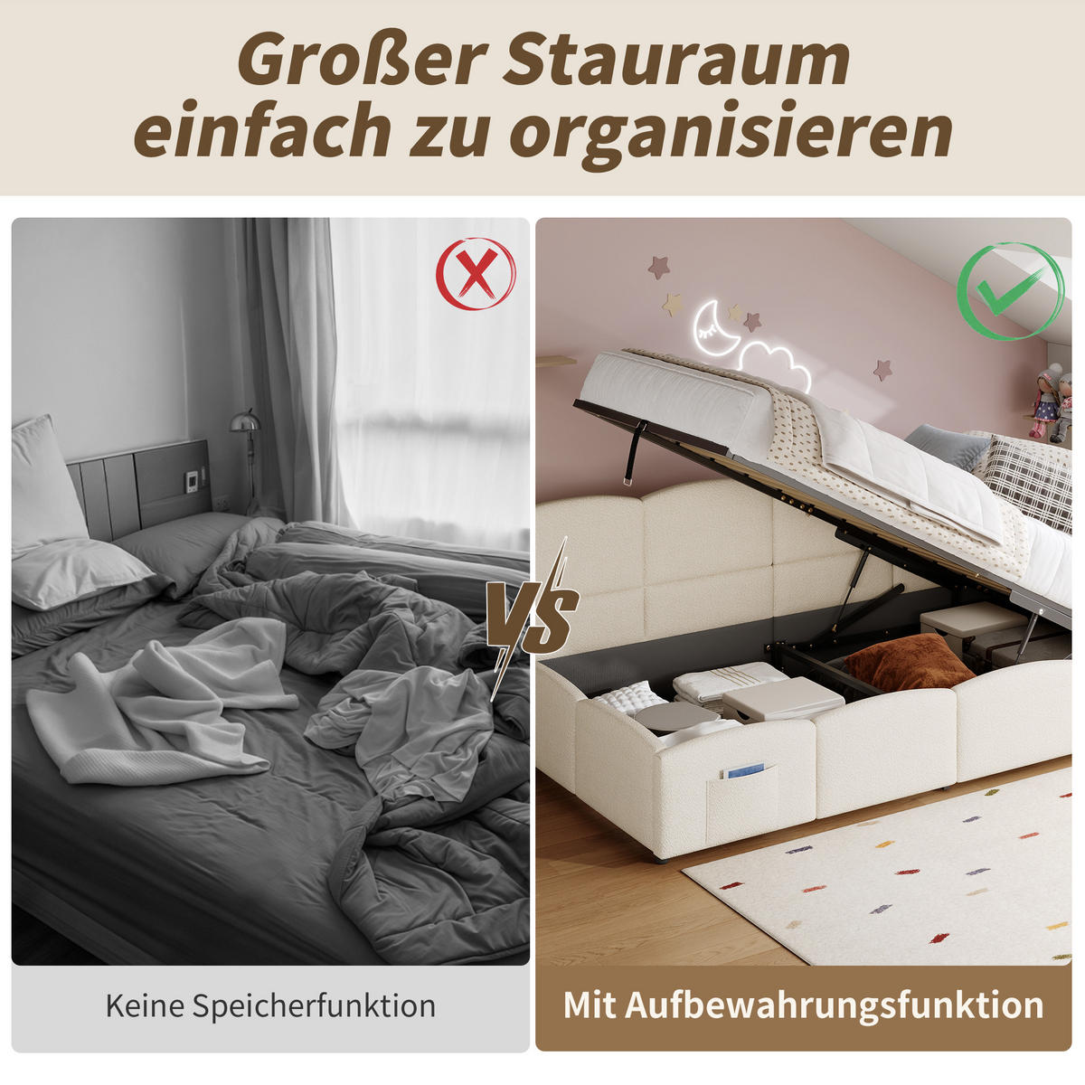 POLSTERBETT 90x200cm Beige Mit USB & Stautasche - Beige, Textil (90/200cm) - FLIEKS