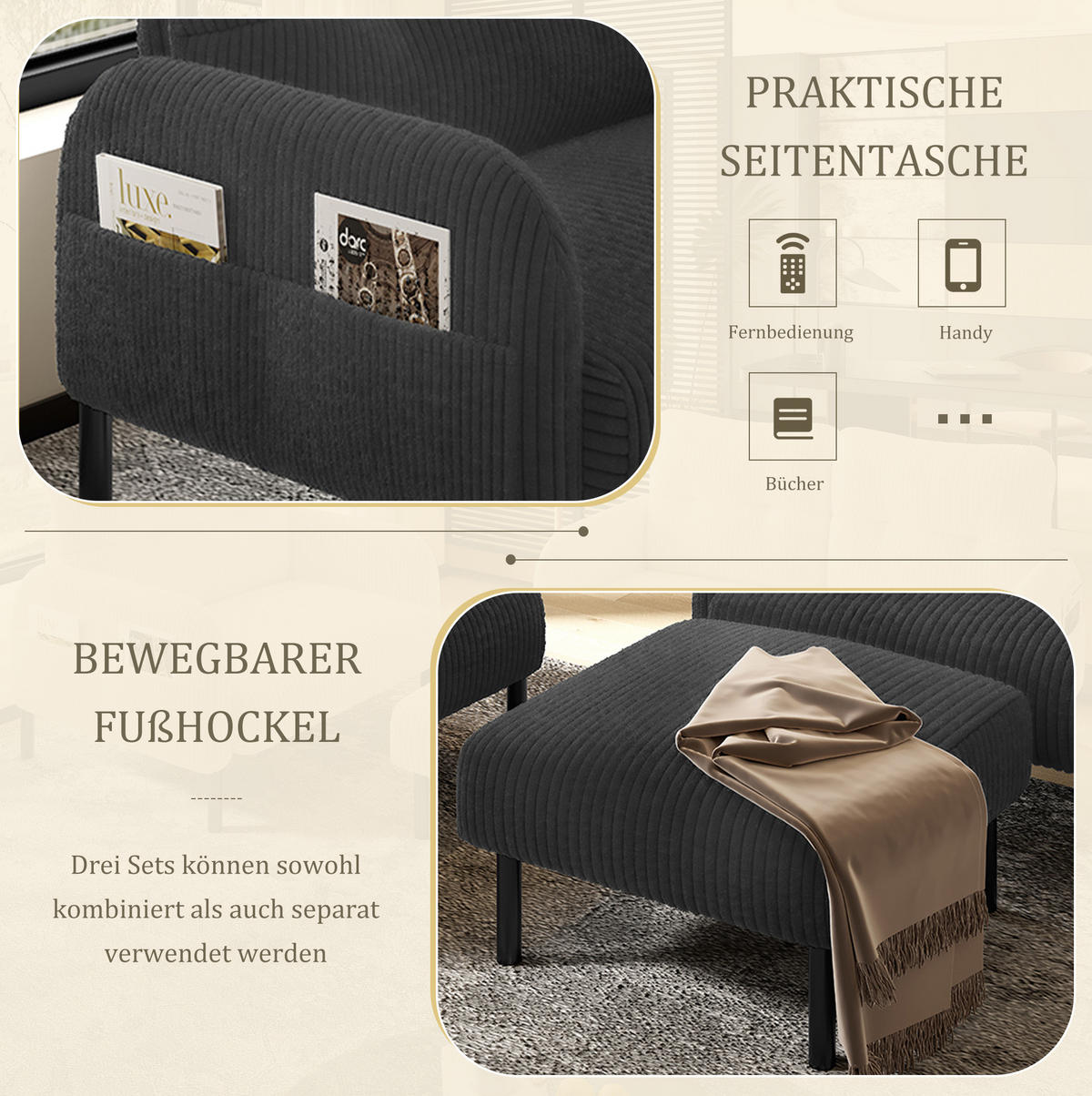 SOFA-SET 3er-Set Cord Grau mit Sessel, Hocker und 2-Sitzer - Grau, Textil (120/79/75cm) - IVMEU