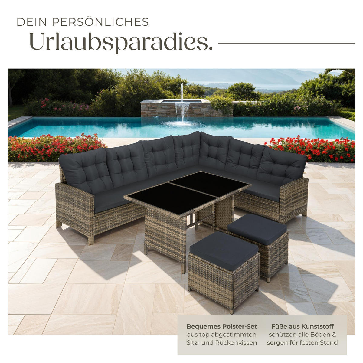 RATTANLOUNGE Barletta,mit Sicherheitsglasplatten,natur - Naturfarben, Kunststoff - tectake