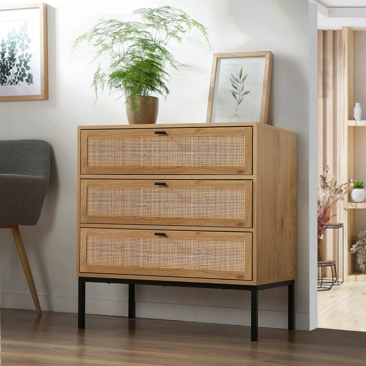 KOMMODE mit 3 Schubladen und Vorderseite aus Rattan - L80 cm - Eichefarben, Holzwerkstoff (39/79/80cm) - Calicosy
