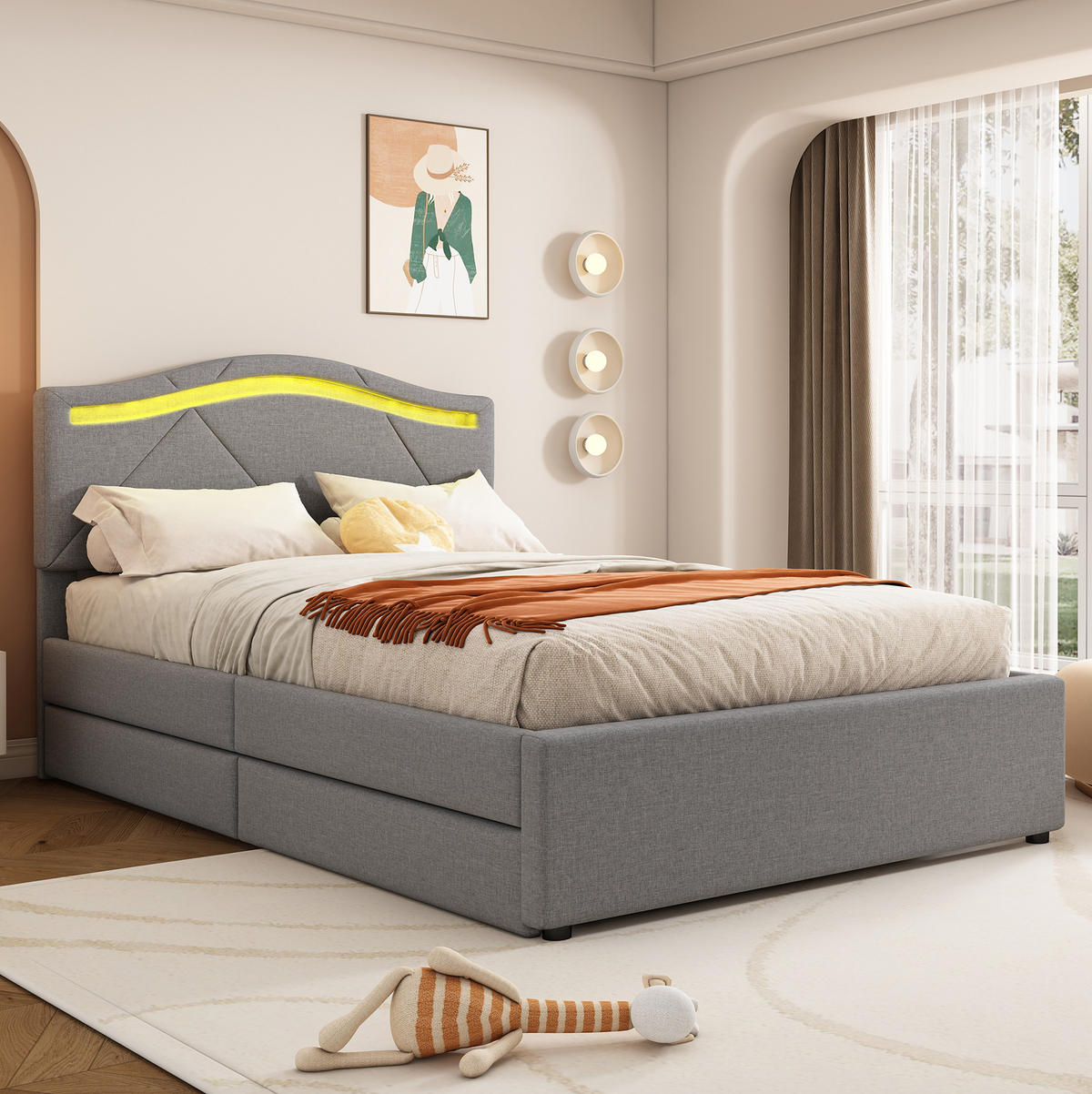 POLSTERBETT aus Leinen und MDF 90x200 cm Grau mit LED-Beleuchtung, 2 Schubladen und Lattenrost - Grau, Textil (90/200cm) - IVMEU