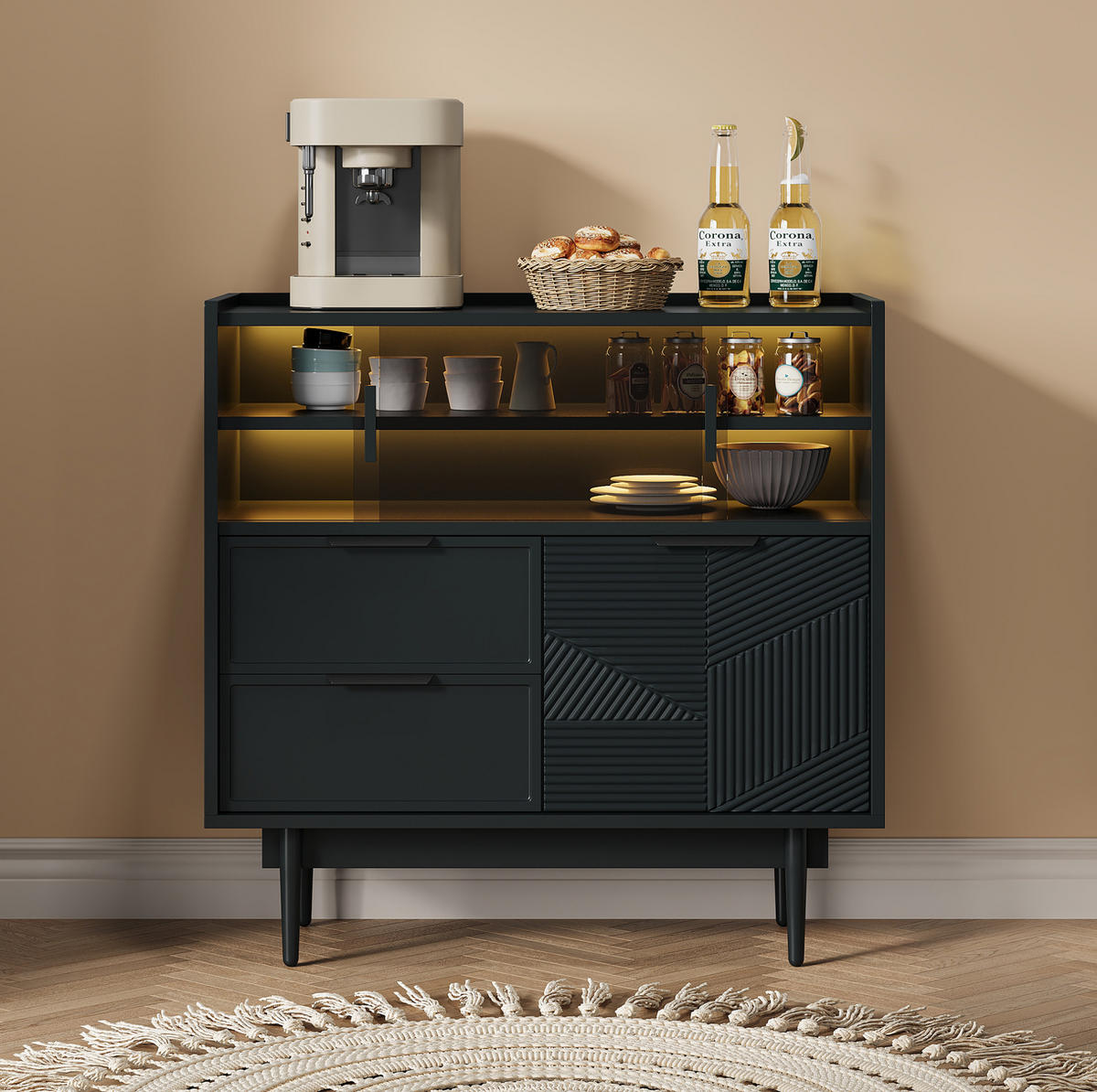 SIDEBOARD 80 cm in Schwarz mit Glastür und LED-Beleuchtung - Schwarz, Holzwerkstoff (80/80/35cm) - Flora Grace