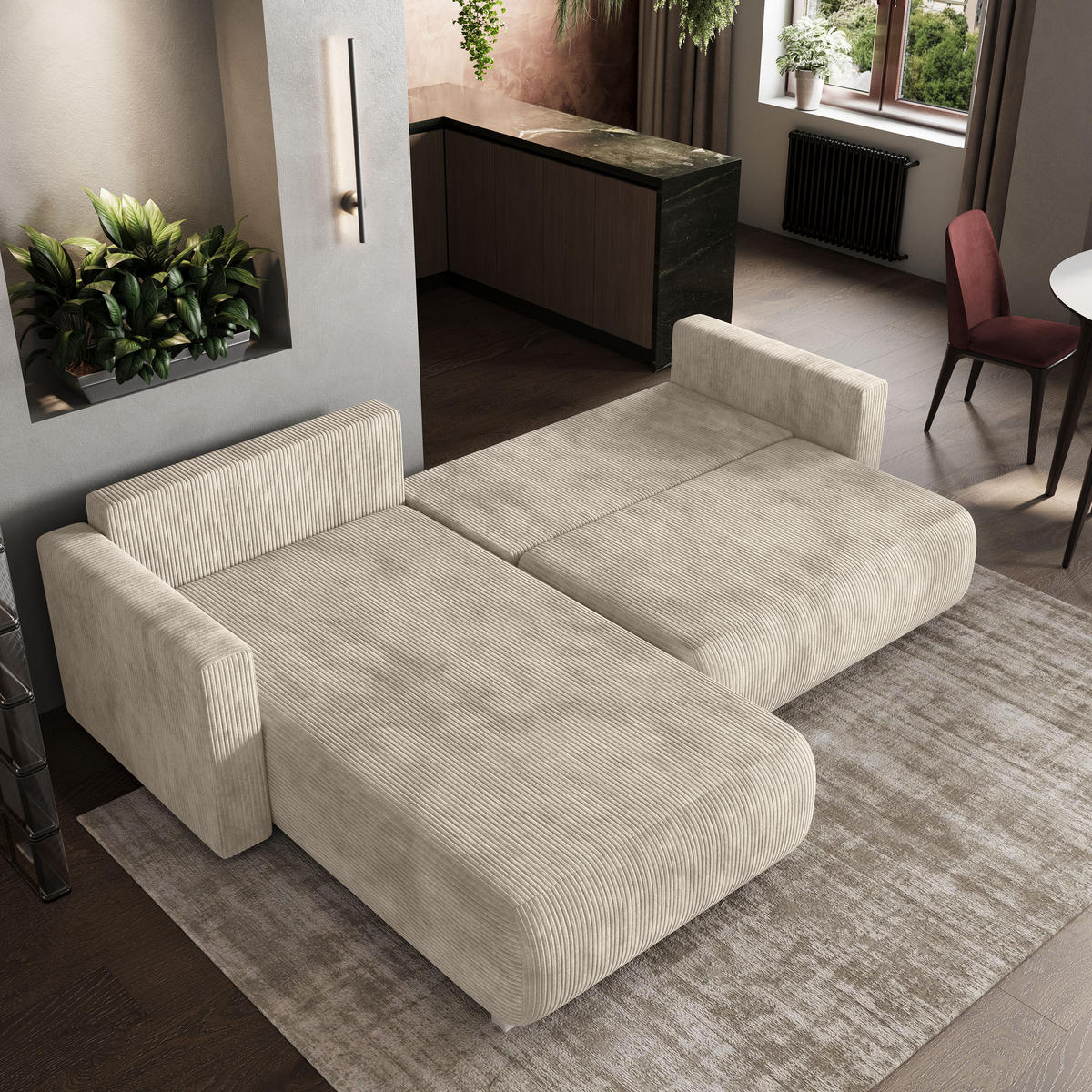 ECKSOFA TURIN P Creme Kordstoff mit Schlaffunktion - Creme/Grau, Holz/Kunststoff (265/183cm) - MASSENO
