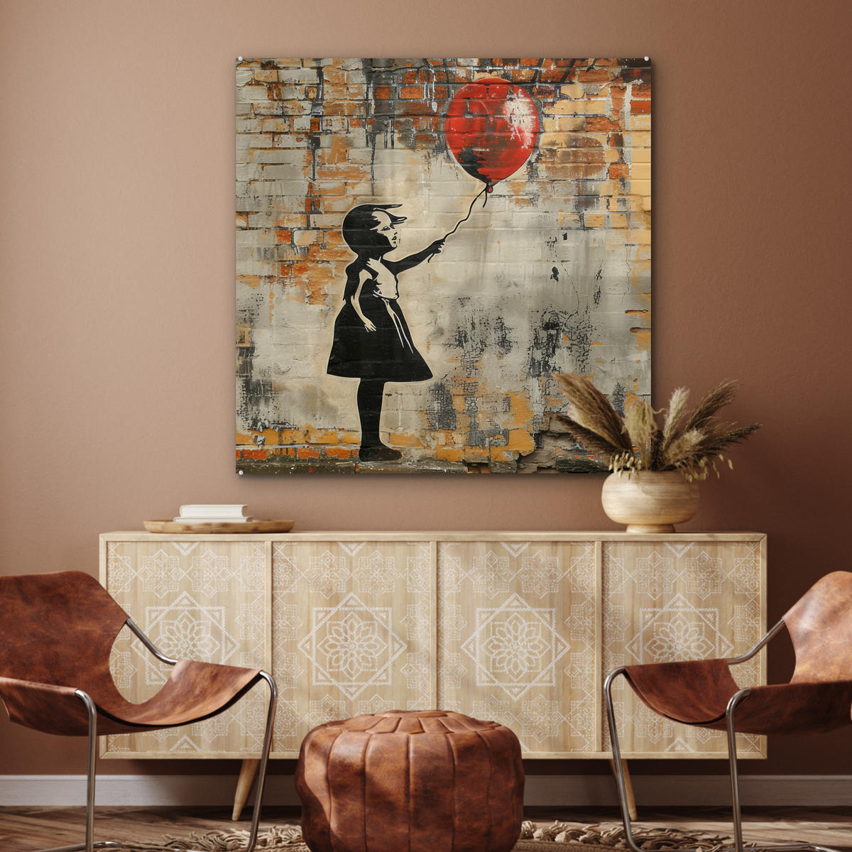 ACRYLGLASBILD Graffiti - Banksy - Mädchen - Straßenkunst 90x90 cm - Sandfarben, Glas (90/90cm) - MuchoWow