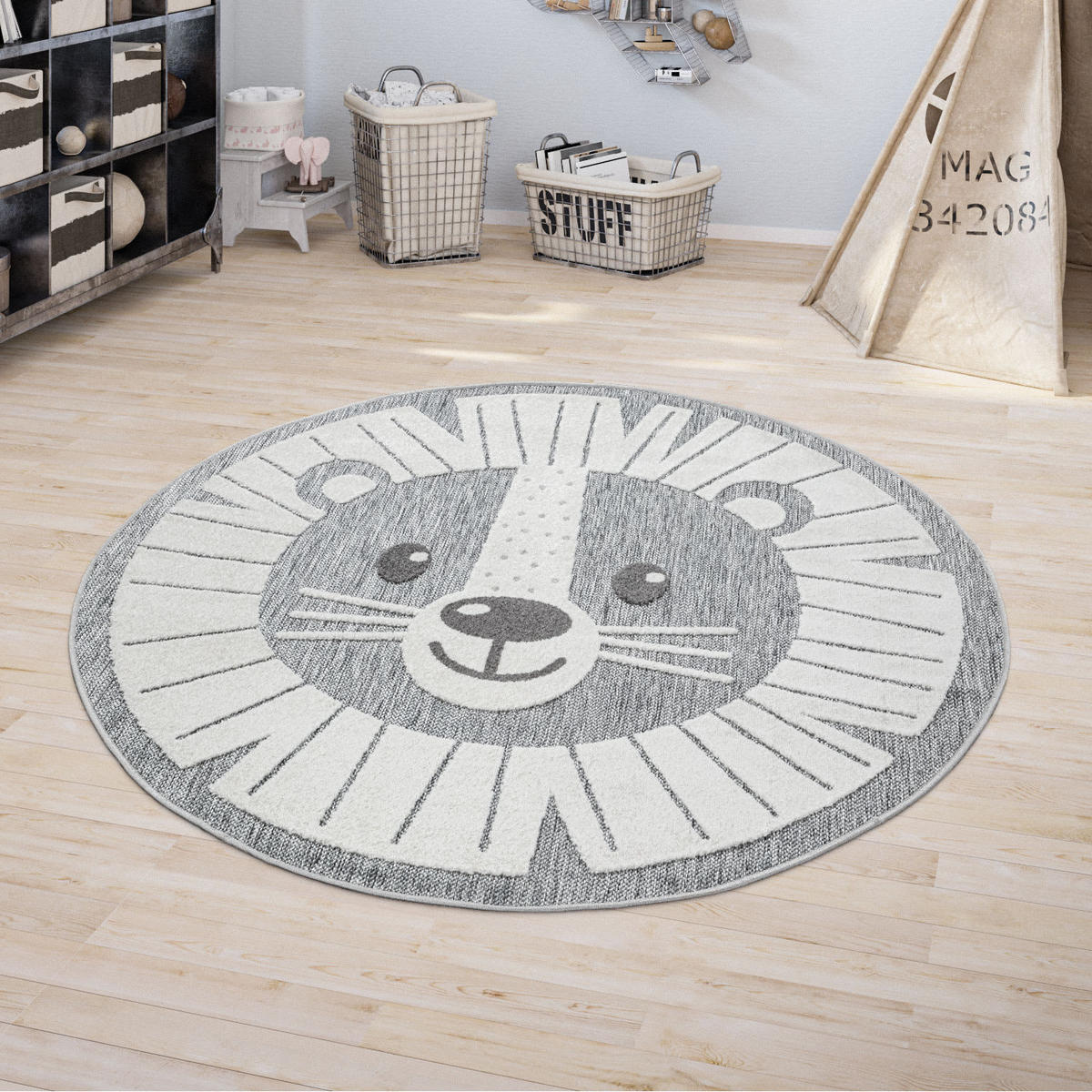 KINDERTEPPICH Löwe Kinderzimmer schmutzabweisend Grau Rund 120D - Grau, Textil (120/120cm) - KADIMA DESIGN
