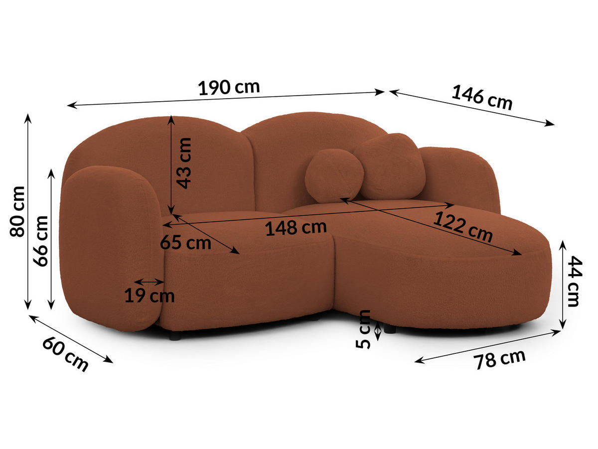 ECKSOFA Nuvola mit abgerundetem Design Terrakotta Bouclé-Stoff - Ottomane Rechts - Terra cotta/Schwarz, Holz/Kunststoff (190/146cm) - S-Style Möbel