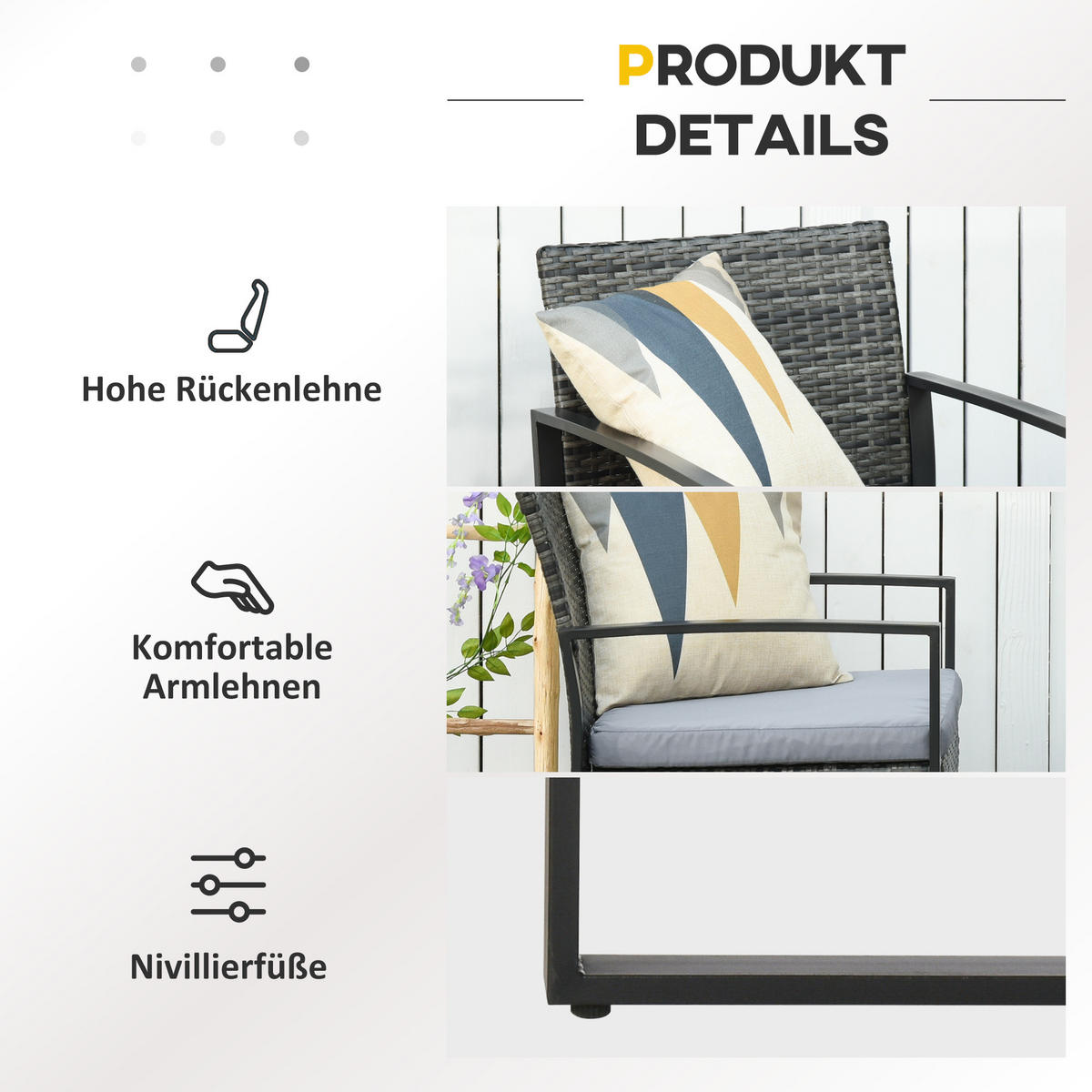 RATTAN Gartenmöbel Set mit Kissen Garten Grau - Grau, Kunststoff - Outsunny
