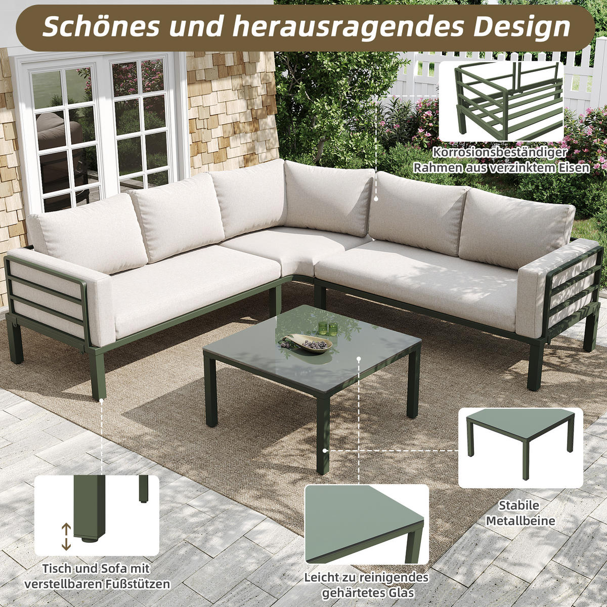 GARTENSET 4-5 Sitzer Beige Mit Verstellbaren Füßen & Glastisch - Beige, Metall - FLIEKS