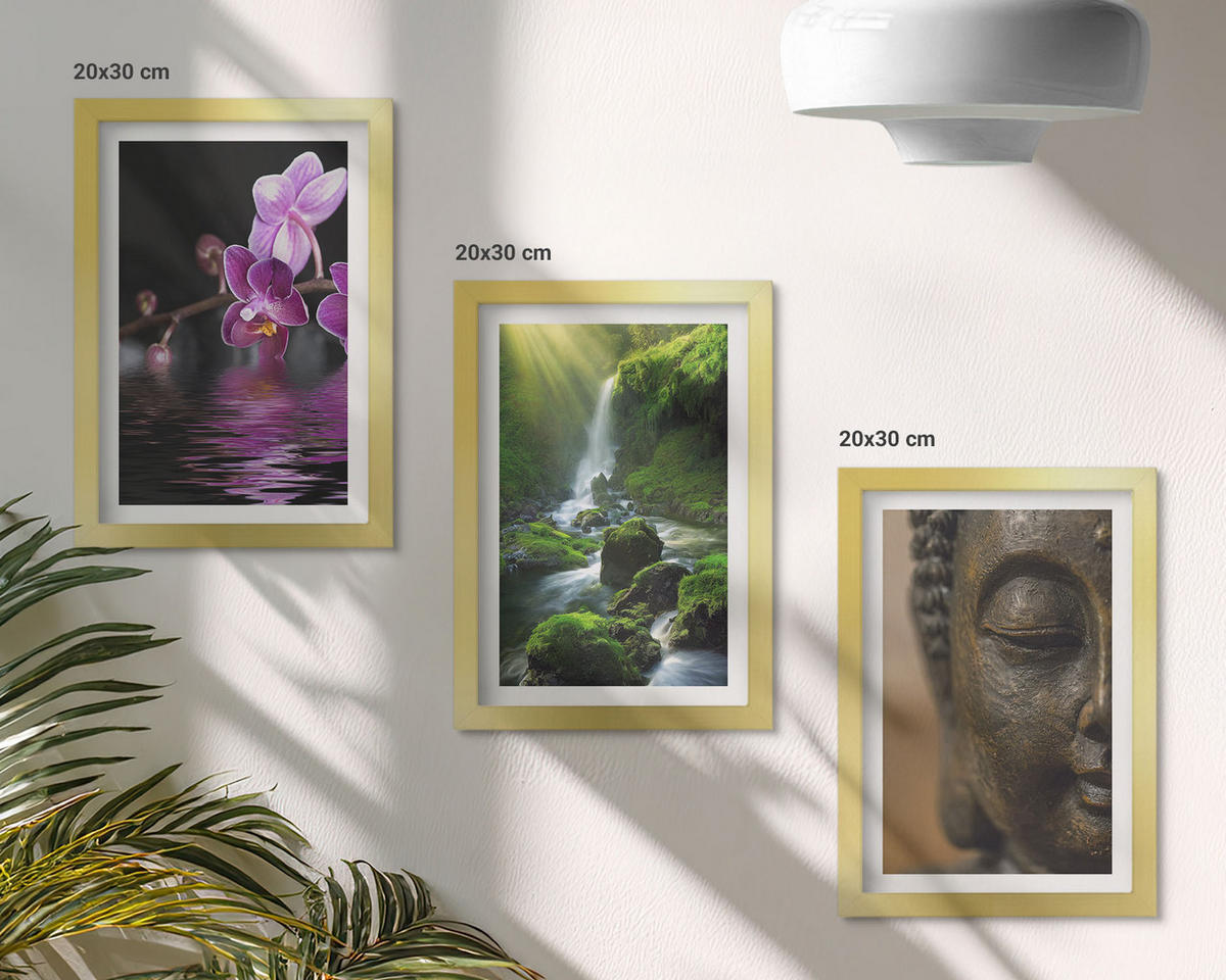 WANDBILDER 3er Set - 20x30 cm Goldrahmen - Blumen, Wasserfall, Buddha-Felsen, Zen - Goldfarben, Kunststoff (20/30cm) - ArtPrintCave