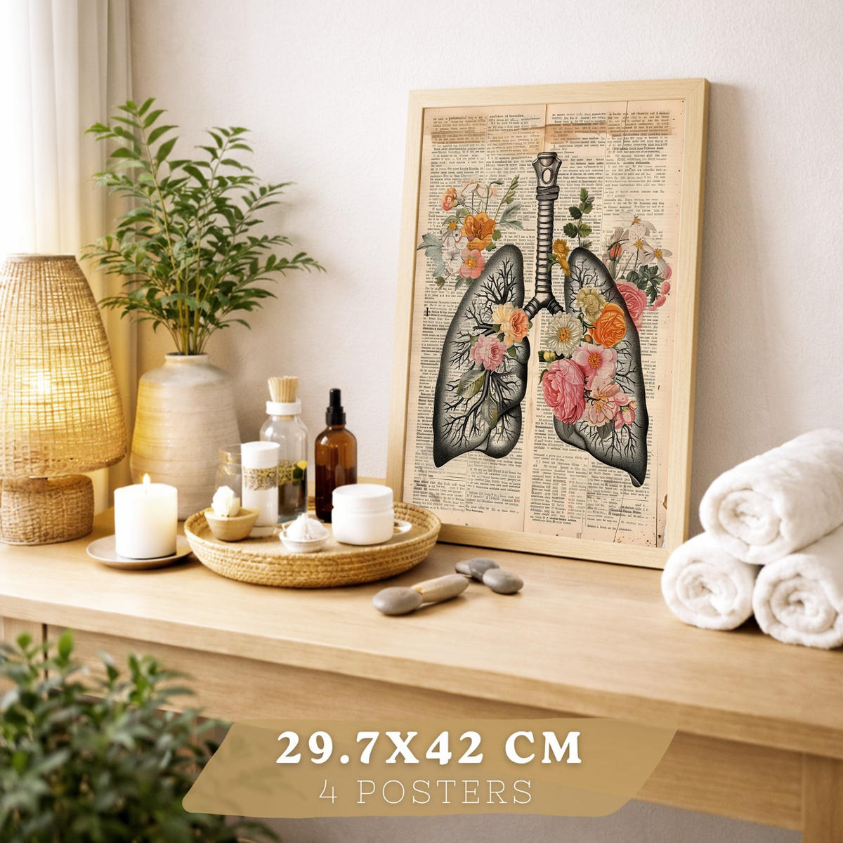POSTER Set aus 4 Anatomie Drucke und Wandbilder mit Leber Lungen Atmungssystem Skelett Schädel Wirbelsäule Vintage Zeitungsstil Größe Rahmenlos A4 - Klar, Papier (21/29.7/3cm) - Nacnic