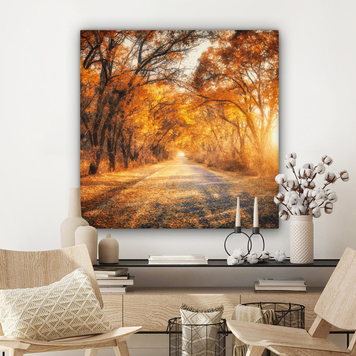 LEINWANDBILD Wald - Herbst - Bäume - Waldweg - Natur 90x90 cm - Bernsteinfarben, Textil (90/90cm) - MuchoWow