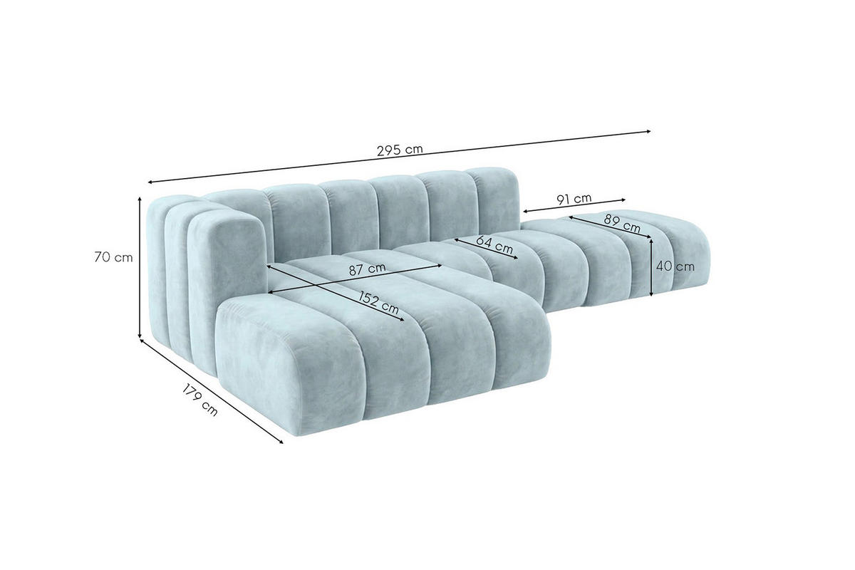 ECKSOFA Modulares In L-Form Mit Hocker, Velvet-Stoff Riviera, Babyblau, Links, GRAND Mini - Hellblau, Holz (295/179cm) - Kaiser Möbel
