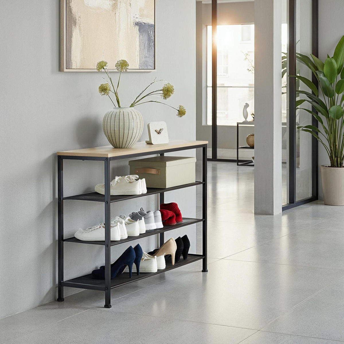 SCHUHREGAL Portsmouth,100 x 30,5 x 72,5 cm,Industrial Holz hell, Eiche Sonoma - Naturfarben, Metall (30.5/72.5/100cm) - tectake