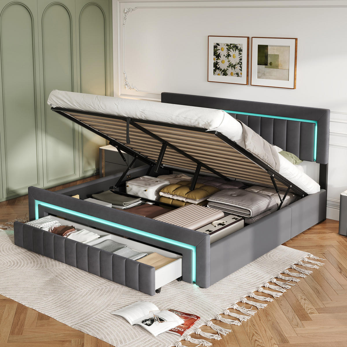 POLSTERBETT 180/200 cm in Grau Samt mit Bettkasten und gepolstertes Kopfteil - Grau, Holzwerkstoff/Textil (180/200cm) - CHICFURN