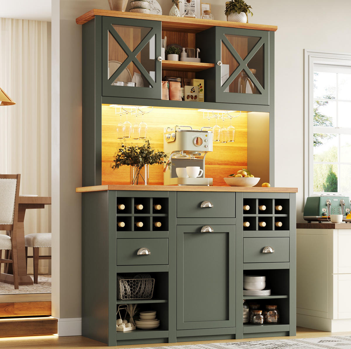 BUFFET 120/45/188 cm antikgrün aus MDF und Glas mit LED - Dunkelgrün, Holzwerkstoff (120/188/45cm) - OKWISH