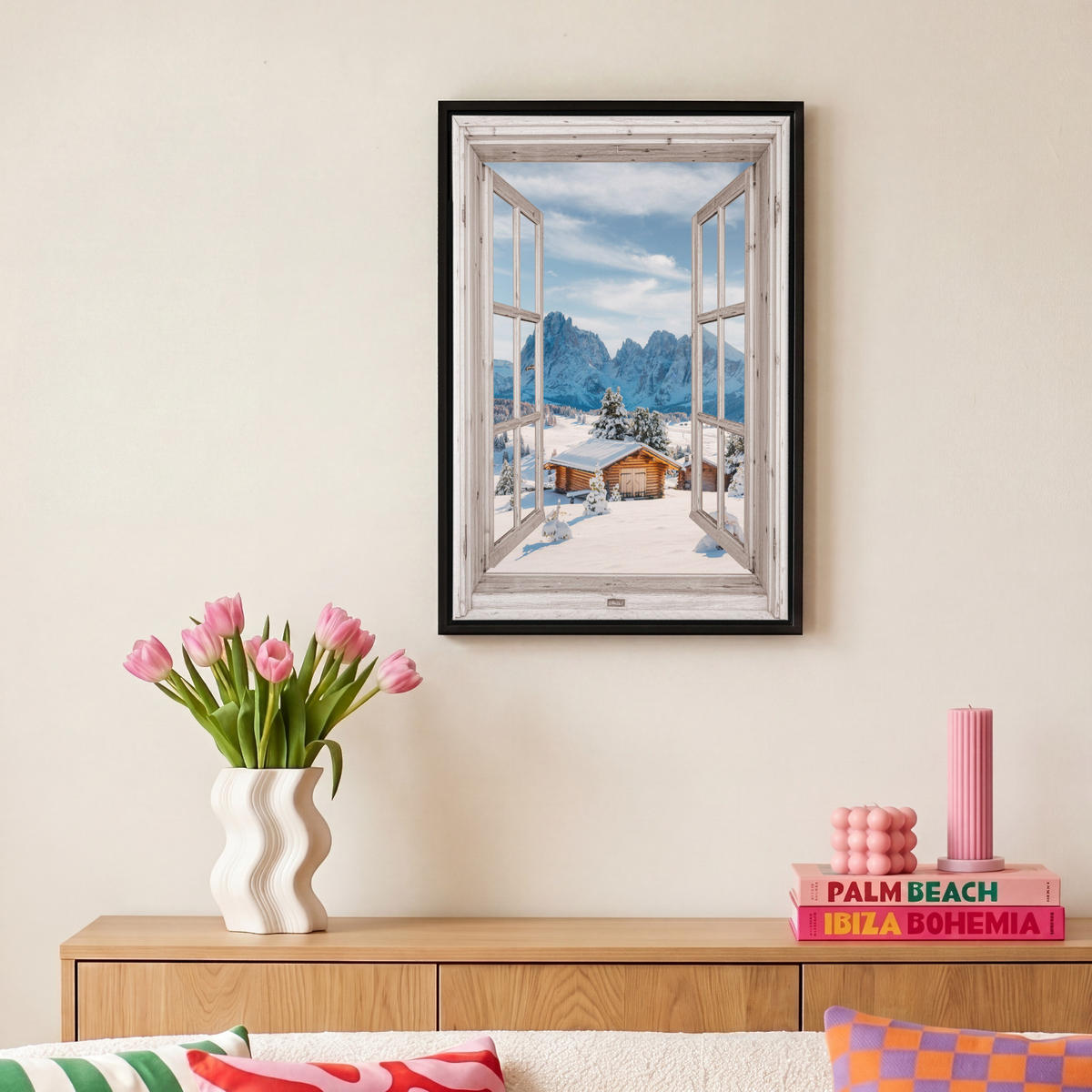 LEINWAND Bilder mit Rahmen - Winterlandschaft - Hütte - Berge - Ausblicke - Aussicht - Natur - 20x30 - Weiß Hochglanz, Textil (20/30cm) - MuchoWow