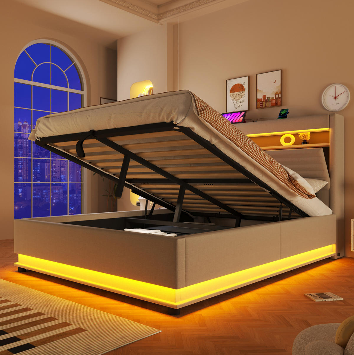 POLSTERBETT 140/200 cm Beige mit LED-Beleuchtung, USB- und Typ-C-Anschluss, hydraulischem Stauraum und Leinenbezug - Beige, Textil (140/200cm) - OKMYHOME