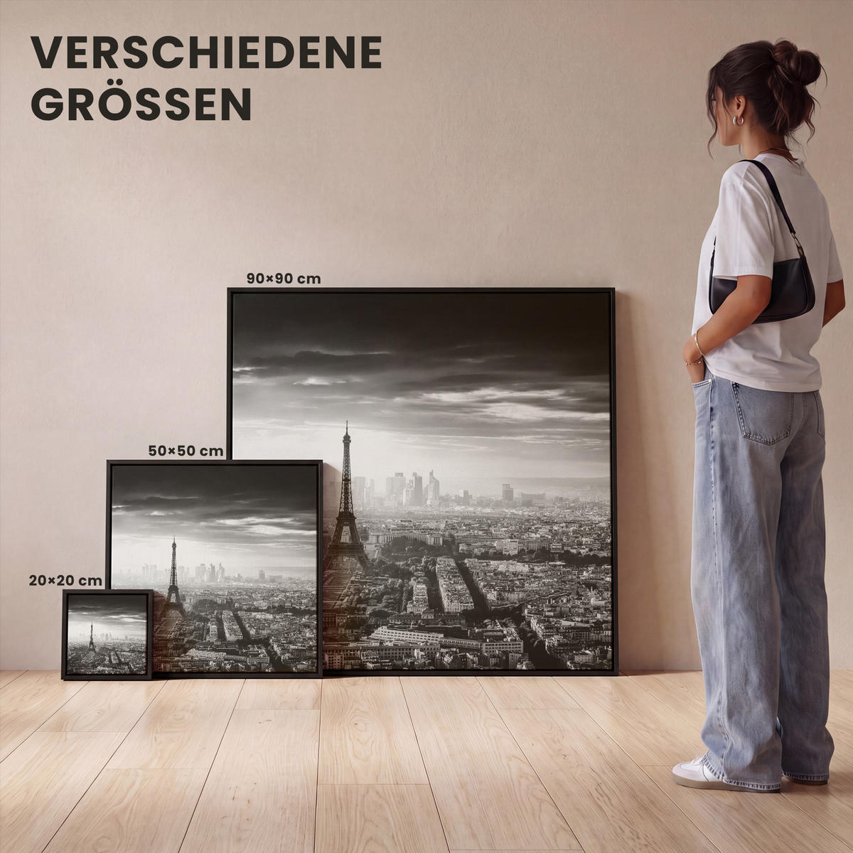 LEINWAND Bilder mit Rahmen - Paris - Skyline - Eiffelturm - Stadt - Wolken - 50x50 - Dunkelgrau, Textil (50/50cm) - MuchoWow