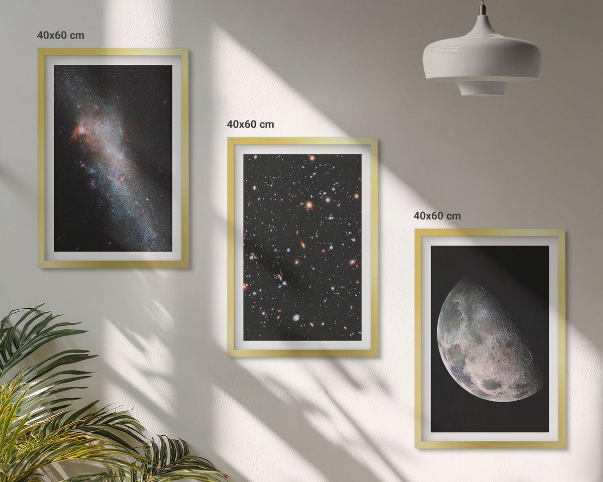 BILDER SET 3er Set - 40x60 cm Goldrahmen - Weltraum Galaxien Sterne Mond - Goldfarben, Kunststoff (40/60cm) - TULUP