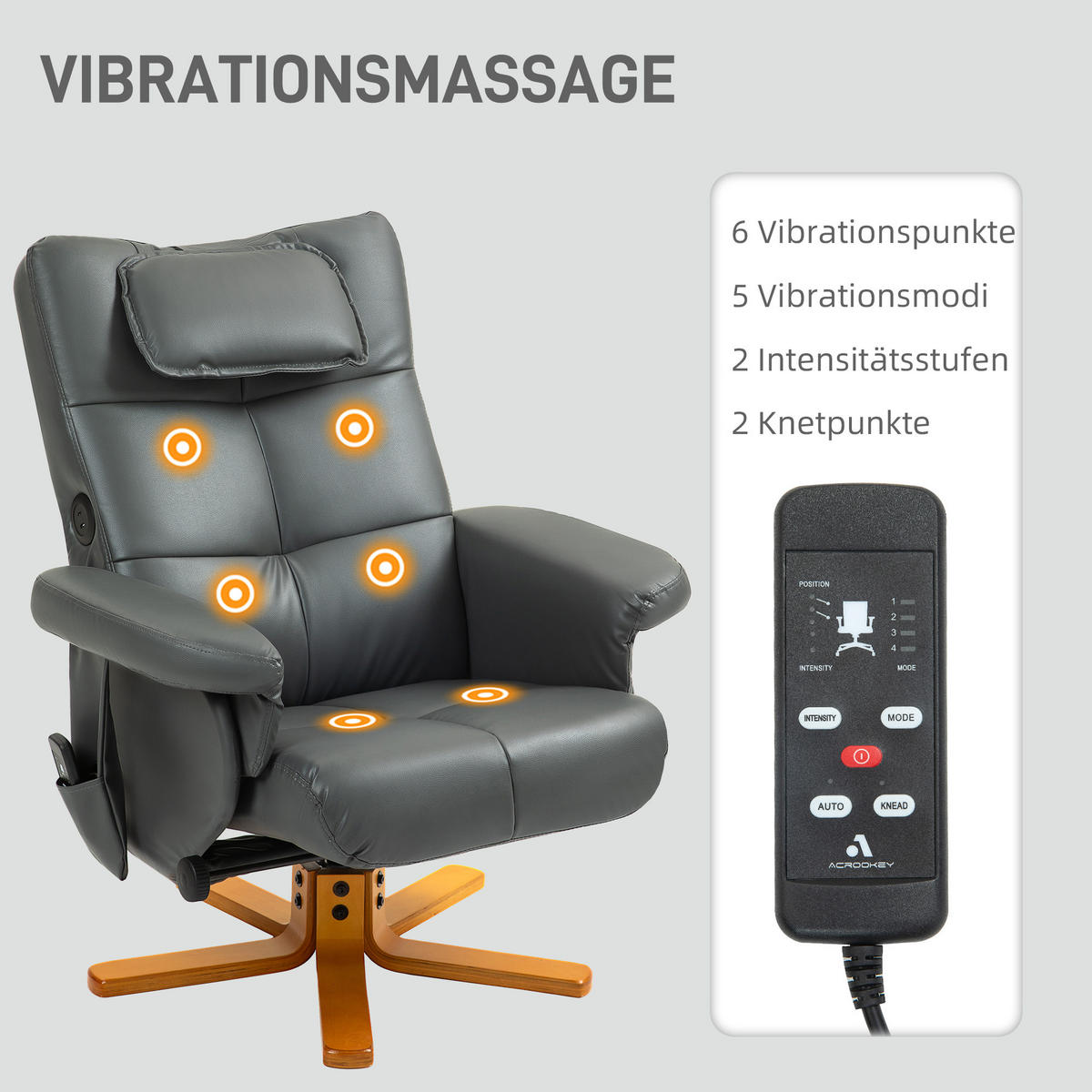 RELAXSESSEL Massagesessel mit Hocker Fernsehsessel mit Liegefunktion Dunkelgrau - Dunkelgrau, Leder (86/93/78cm) - HOMCOM