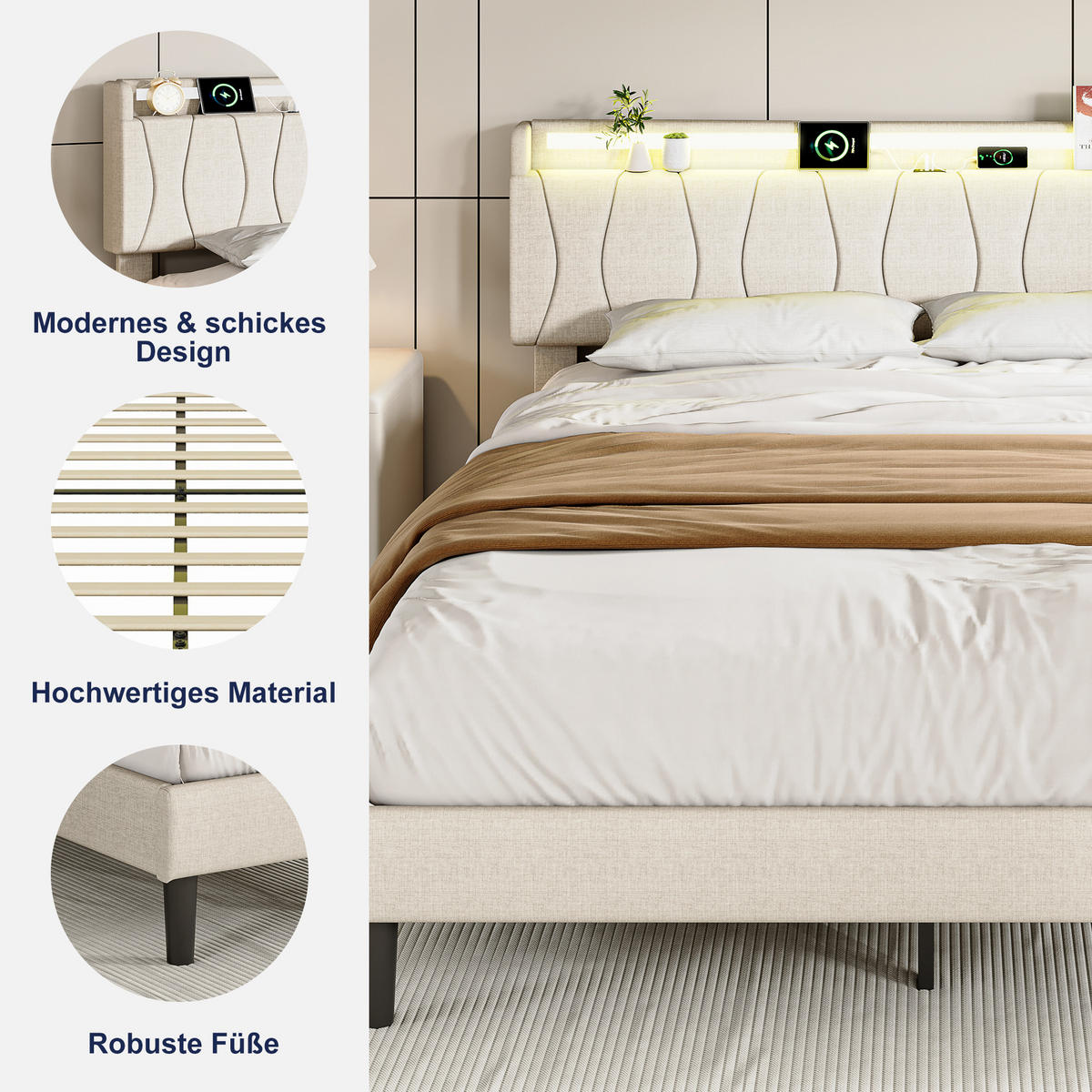 MANŽELSKÁ POSTEĽ 140x200 cm s LED, USB-C, ľanovým poťahom a lamelovým roštom - béžová, drevo (140/200cm) - SHOPENTRA