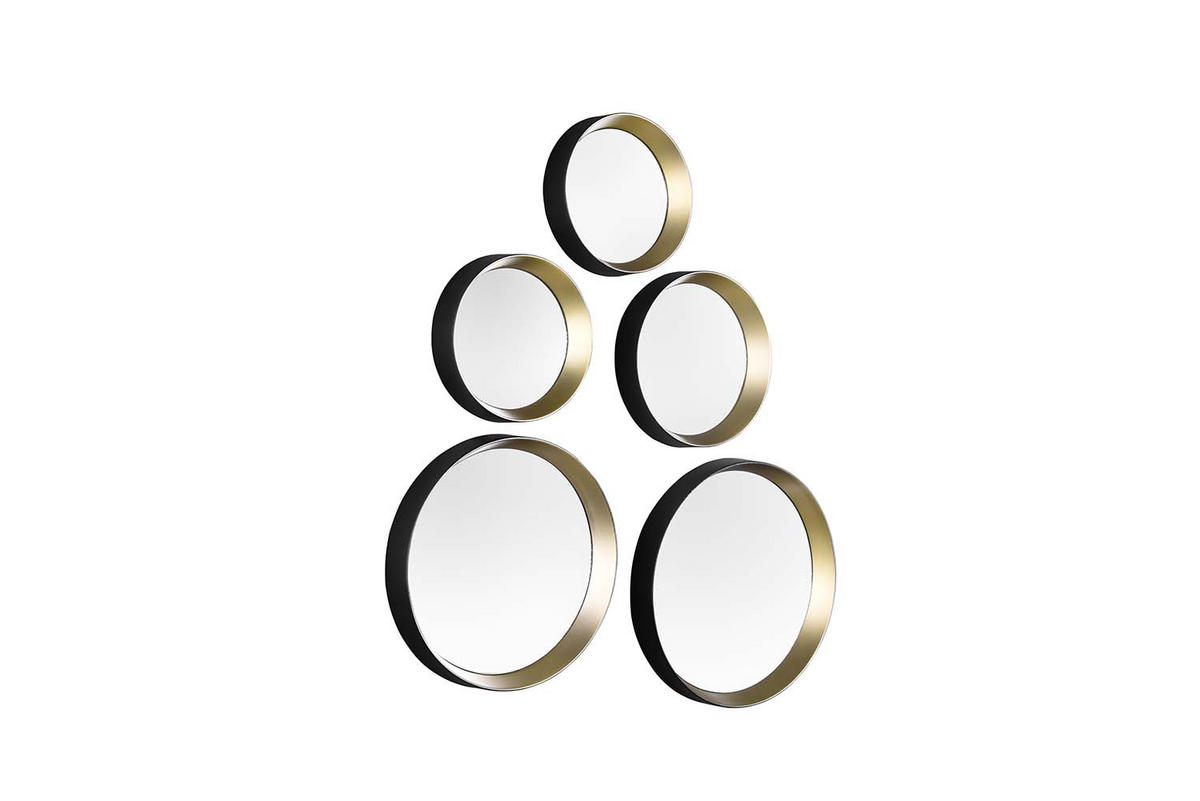 WANDSPIEGEL Vivien 5er Set Schwarz-Gold - Ø25 cm, Ø23 cm, Ø18 cm, 2x Ø15 cm - Schwarz, Metall (25/25/4cm) - Niermann