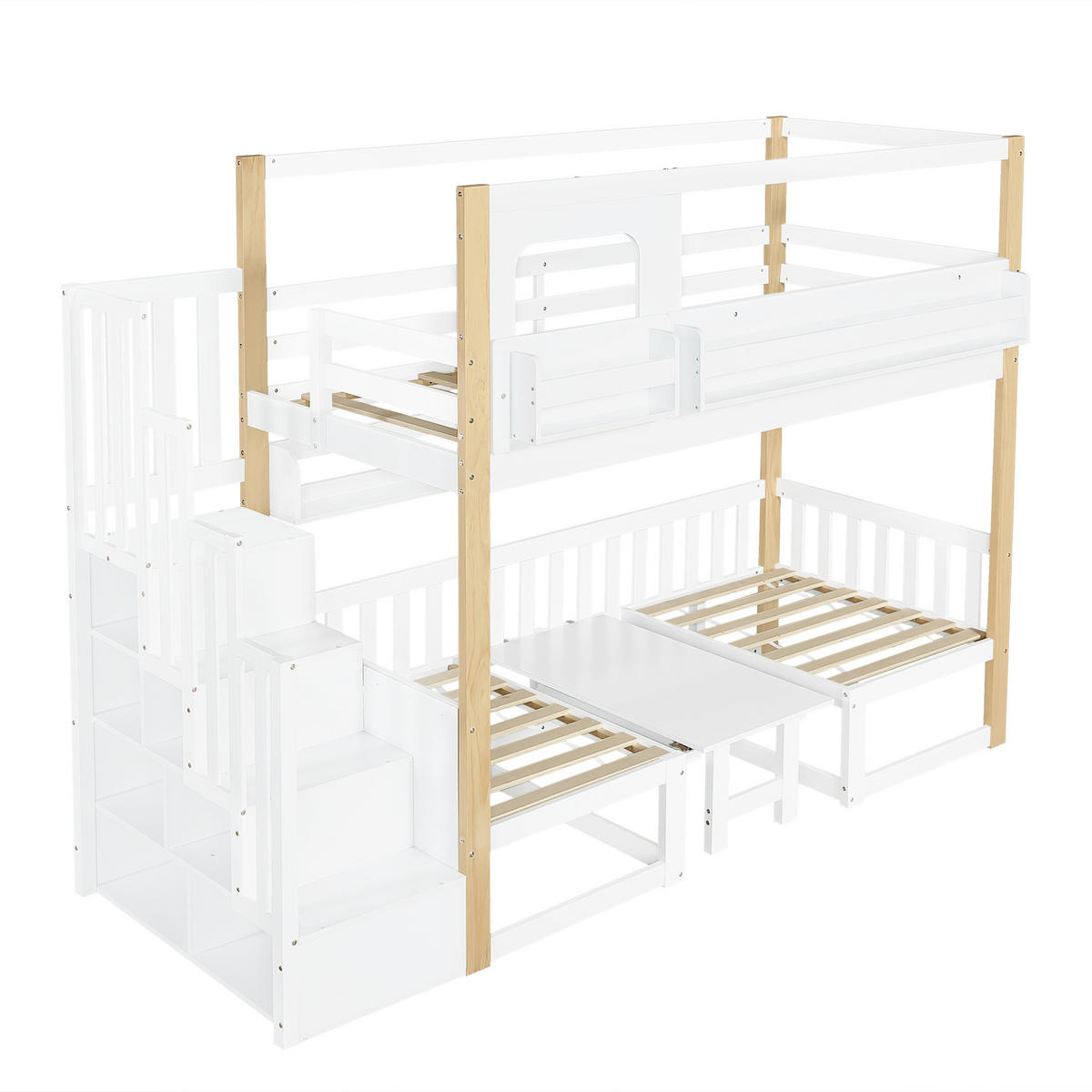 ETAGENBETT 90/200 cm mit Klapptisch, Aufbewahrungstreppe und Bücherregal, Kiefer/MDF, Weiß/Natur - Weiß, Holz (90/200cm) - Redom