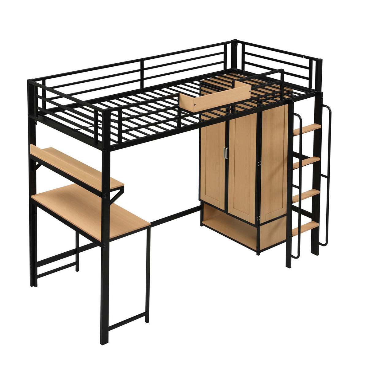 HOCHBETT 90/200 cm mit Kleiderschrank, Schreibtisch und Regal in Schwarz/Natur - Schwarz, Metall (90/200cm) - Flora Grace