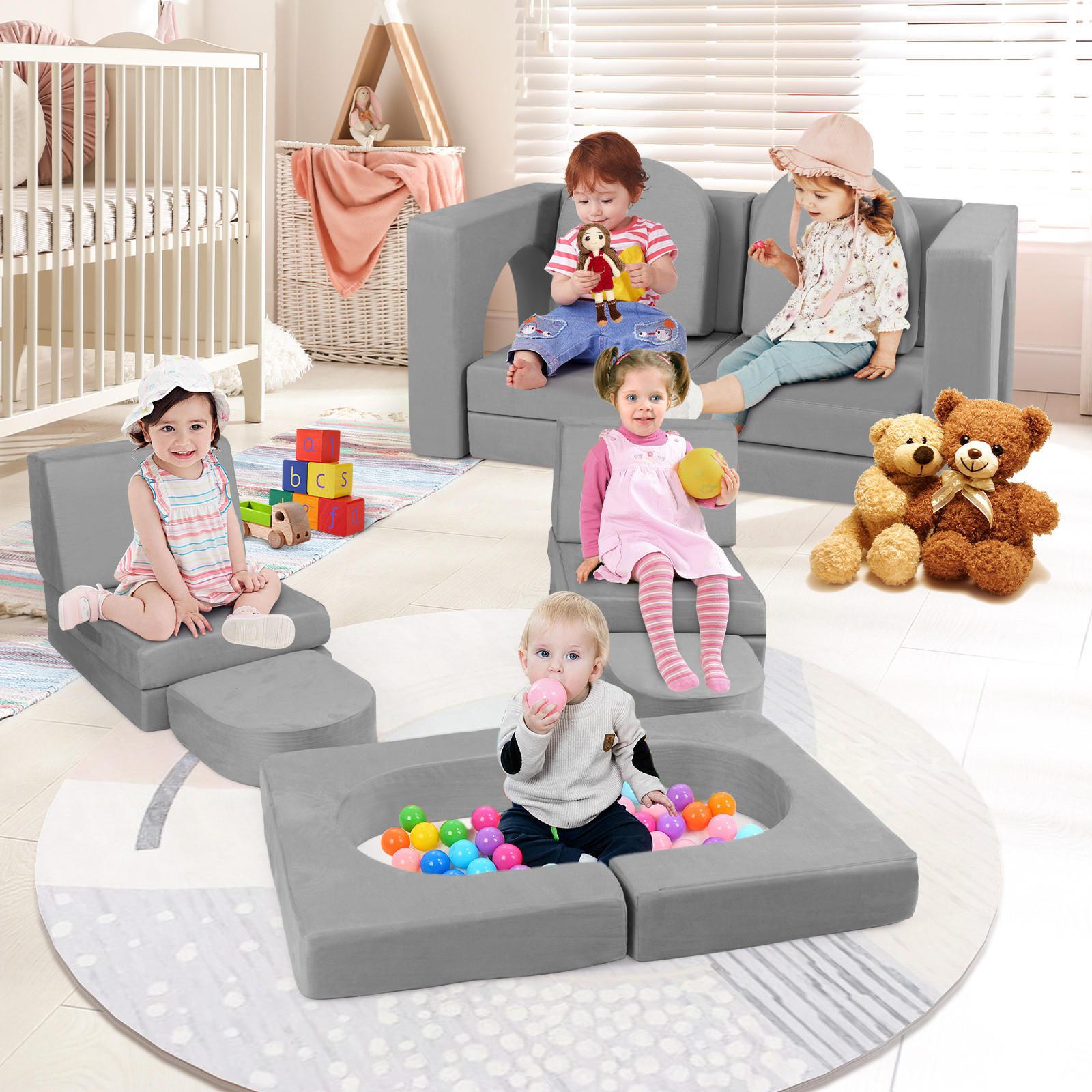 KINDERSOFA 60cm Grau - Grau, Textil (72/60/142cm) - COSTWAY