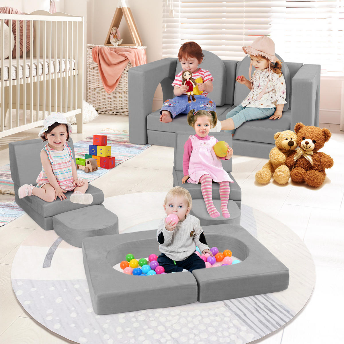 KINDERSOFA 60cm Grau - Grau, Textil (72/60/142cm) - COSTWAY