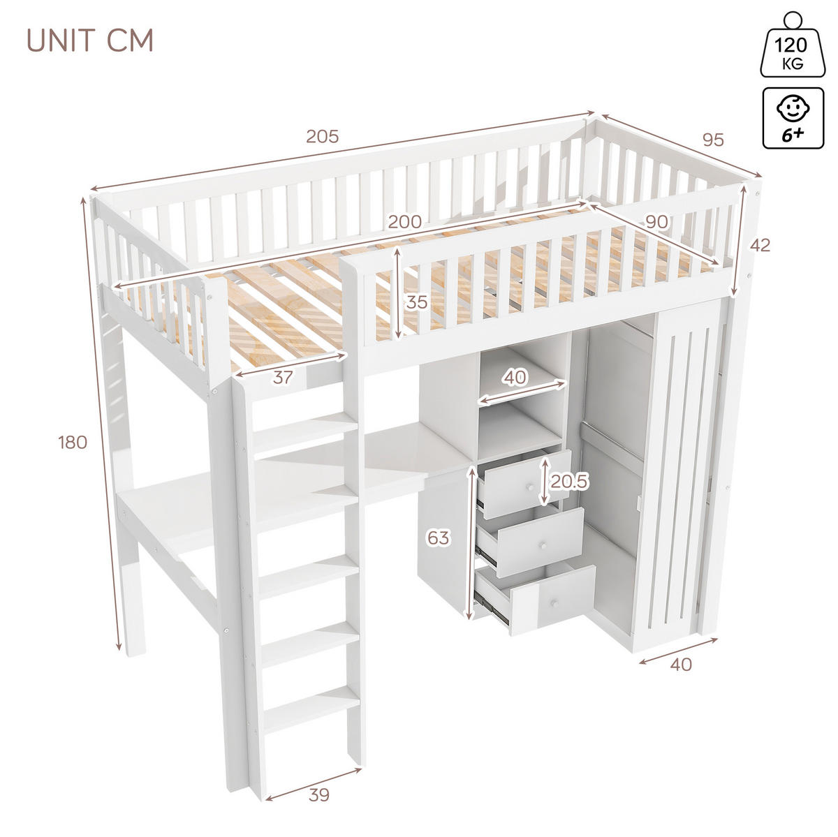 HOCHBETT 90/200 cm in Weiß mit Schreibtisch, Kleiderschrank und 3 Schubladen - Weiß, Holz (90/200cm) - Flora Grace