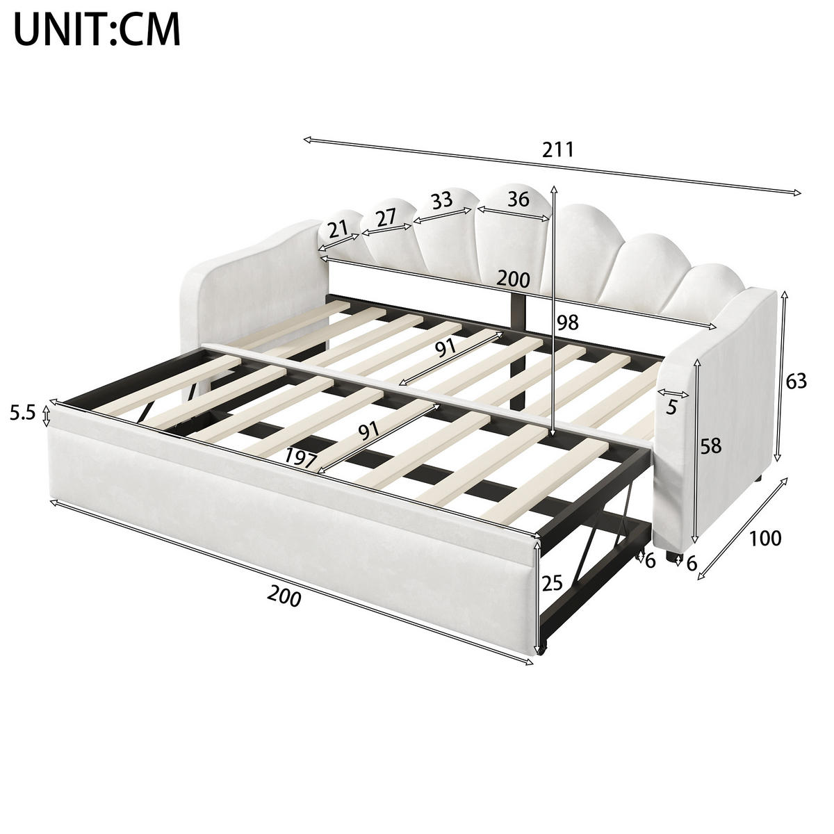 TAGESBETT 90/200 cm mit Ausziehbett, LED-Beleuchtung und Samtbezug, Weiß - Weiß, Textil (90/200cm) - Redom
