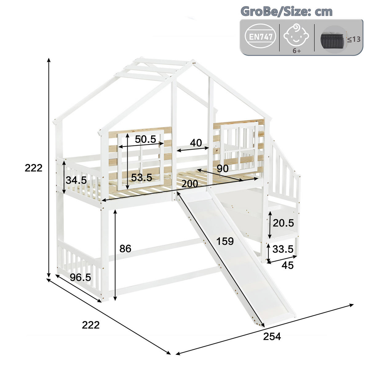 ETAGENBETT 90/200 cm in Weiß & Natur mit Rutsche, Fenster und Treppe Massivholz Blockhaus-Design - Weiß, Holz (90/200cm) - STILVORA
