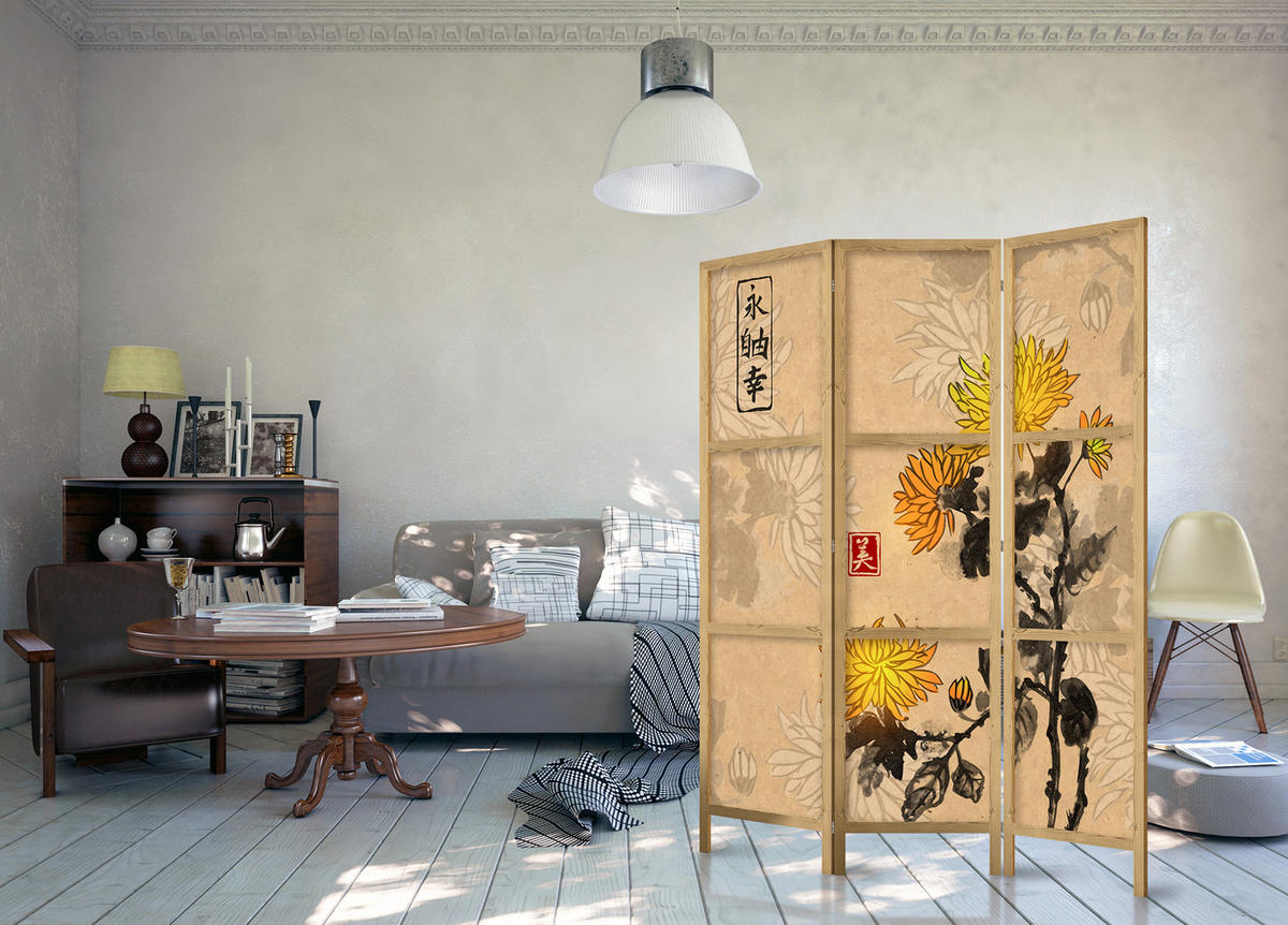 PARAVENT Japanischer 3-tlg 135x172 cm Aquarell Chrysanthemen - Braun, Holz/Textil (135/172/3cm) - Muralo