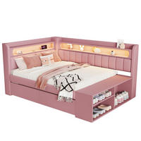 ČALÚNENÁ posteľ 90/200 cm ružová z MDF a preglejky s LED osvetlením USB a skrinkou na topánky - biela, kompozitné drevo (90/200cm) - OKWISH