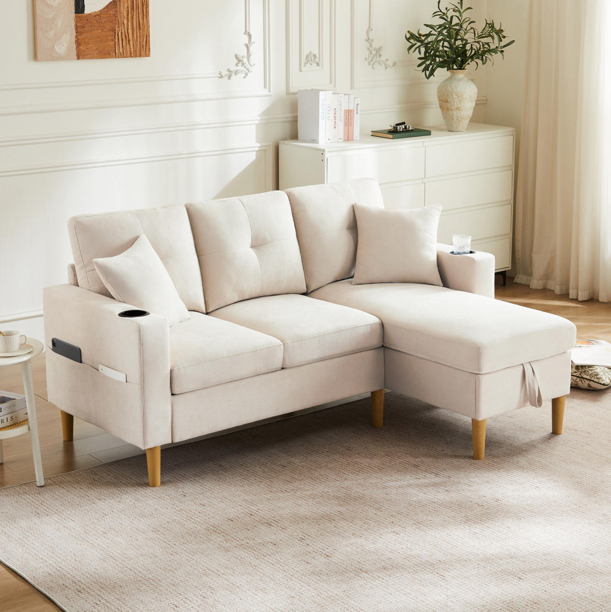 SOFA mit Chaiselongue und Stauraum 175 x 129 cm Beige 2 Kissen - Beige, Holz (129/175cm) - Meubliv