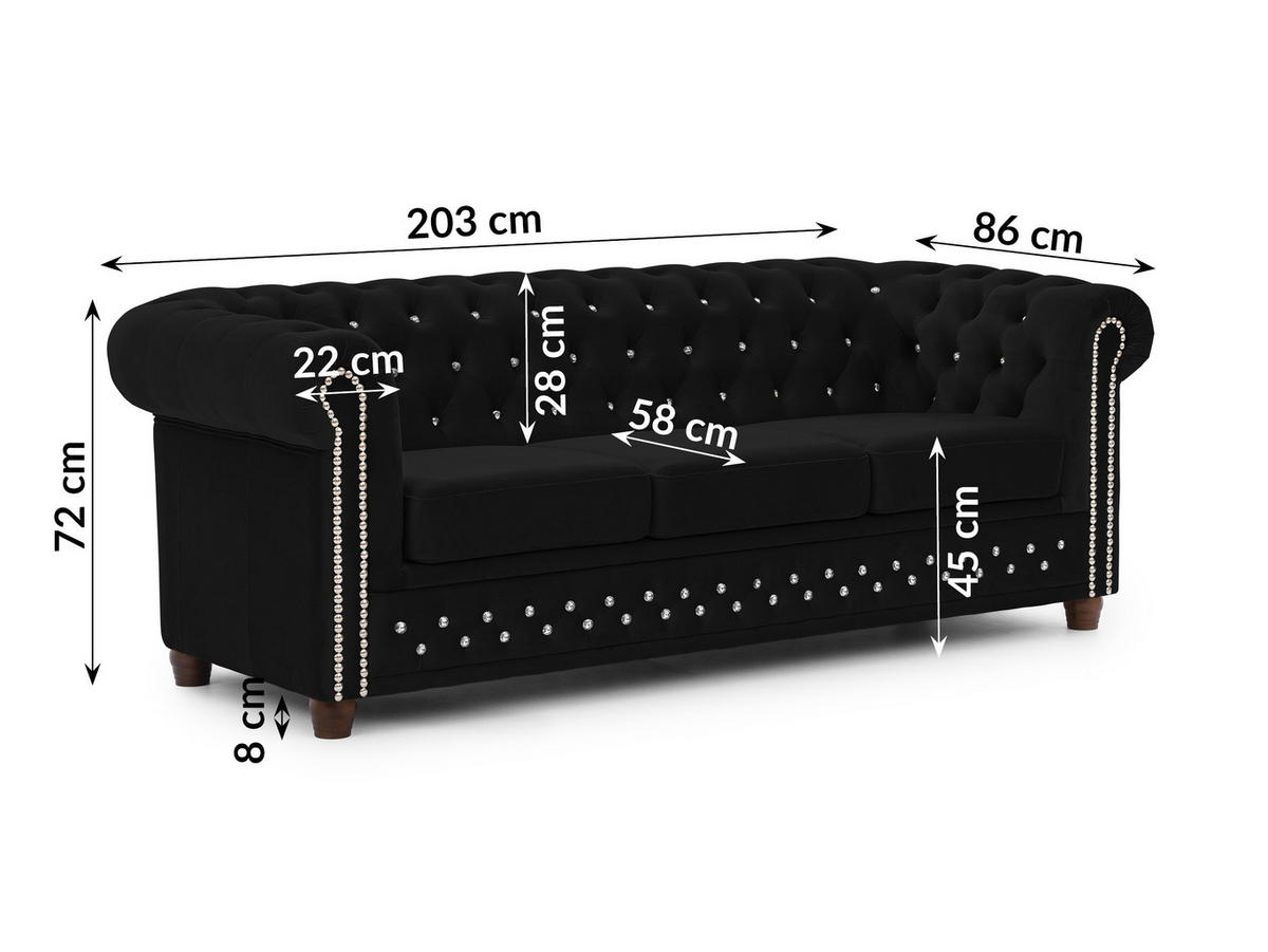 CHESTERFIELD-SOFA 3-sitzer Cleo Blink Schwarz Samt mit Kristallsteppung und braunen Massivholzfüßen - Schwarz/Braun, Holz/Textil (203/72/86cm) - S-Style Möbel