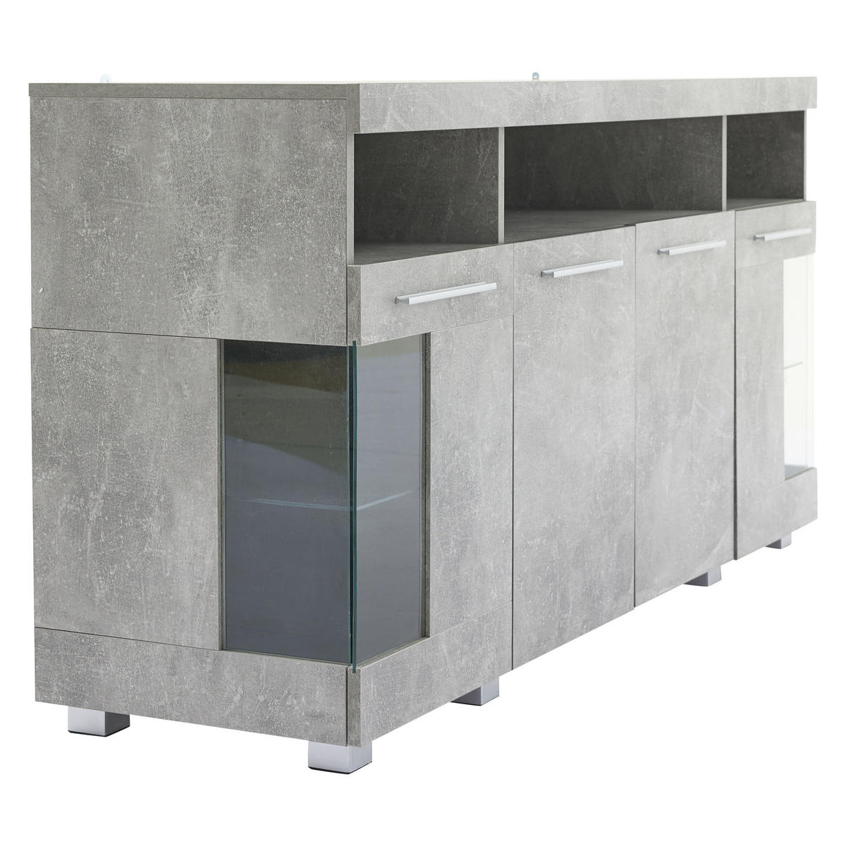 SIDEBOARD, LED, 3 Fächer, Glas, Zementfarben, 140x40x70cm - Grau, Holzwerkstoff (40/70/140cm) - FLIEKS